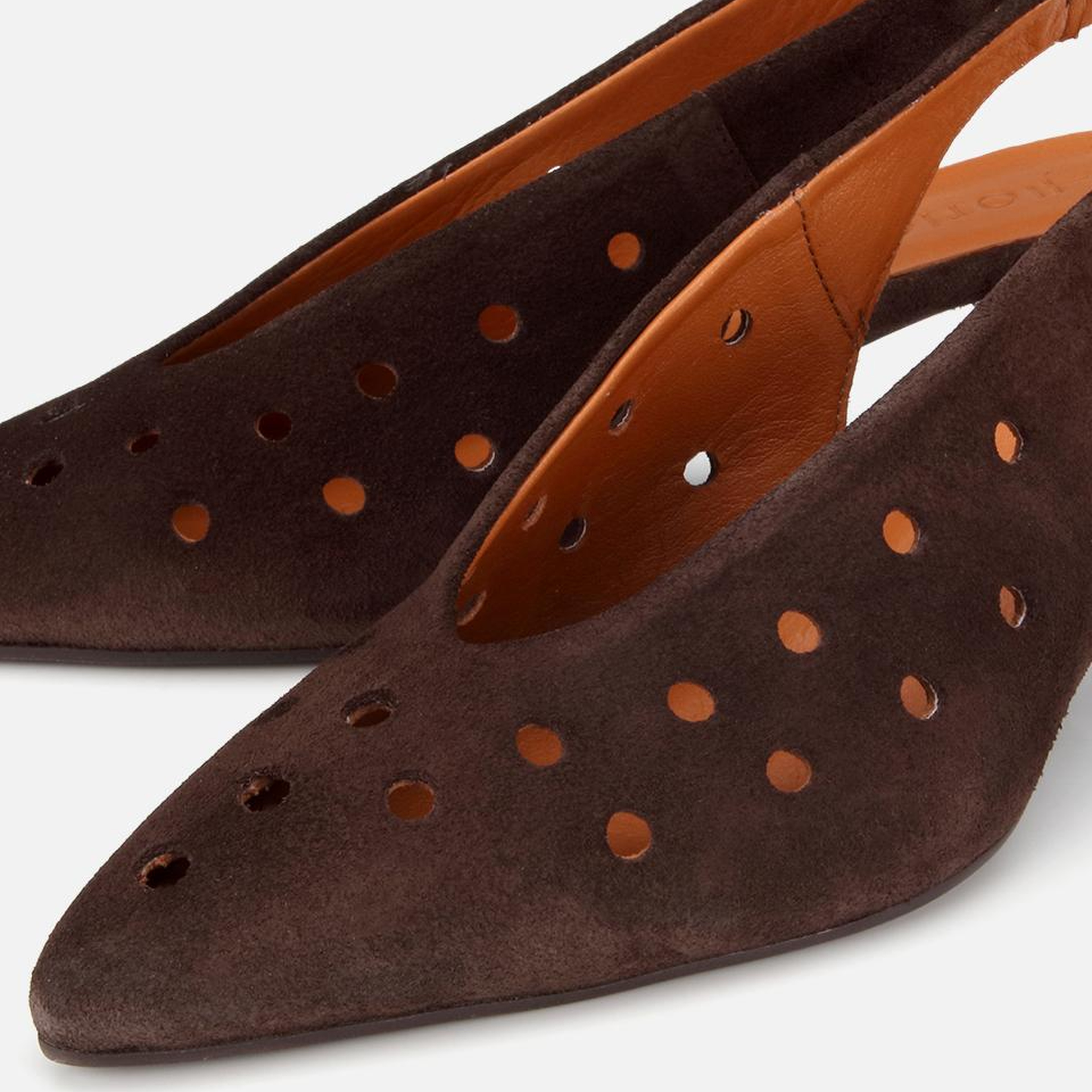 Kadın Süet Deri Kahverengi Delikli  Sivri Burunlu Arkası Açık Kısa Topuklu Stiletto