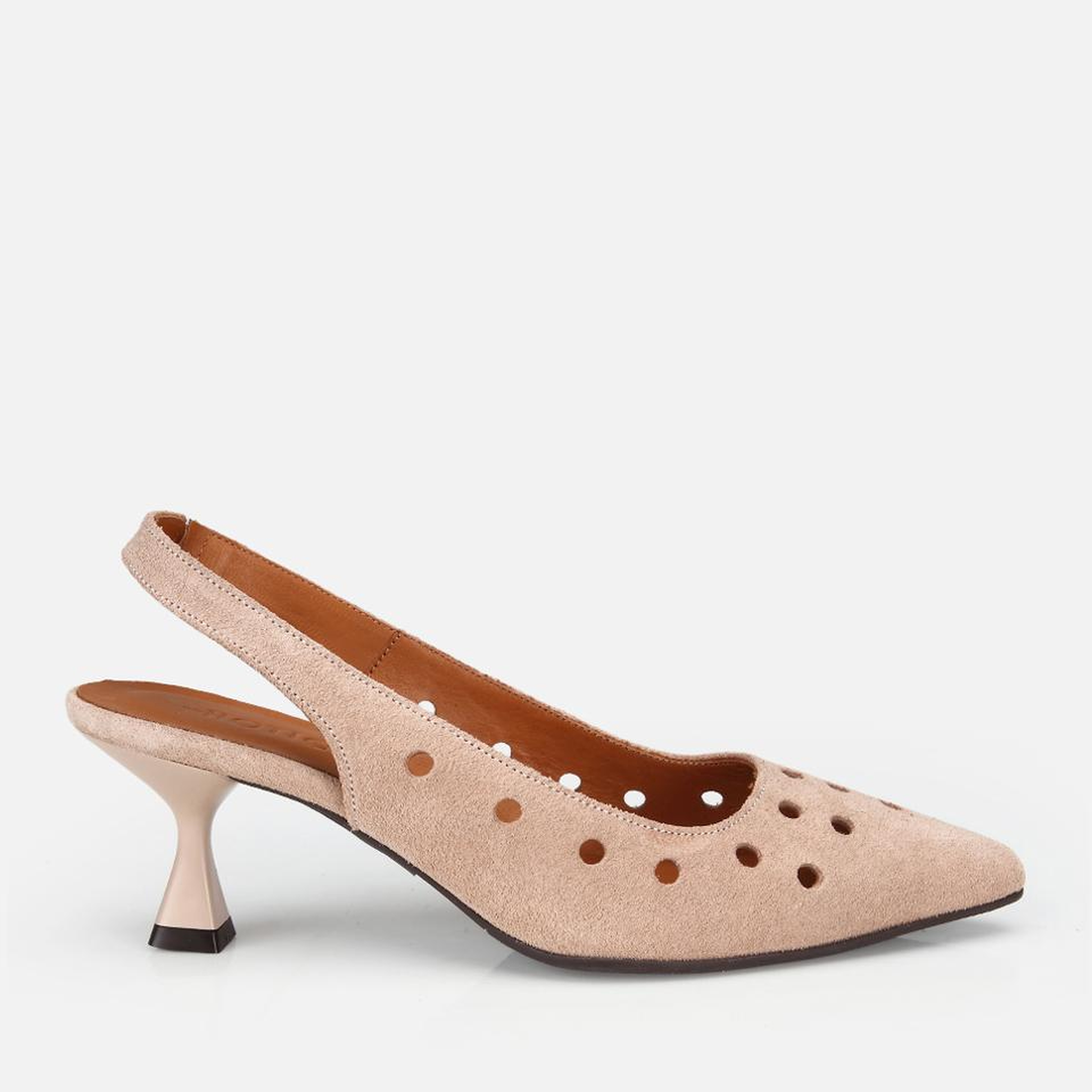 Kadın Süet Deri Bej Delikli Arkası Açık Kısa Topuklu Stiletto