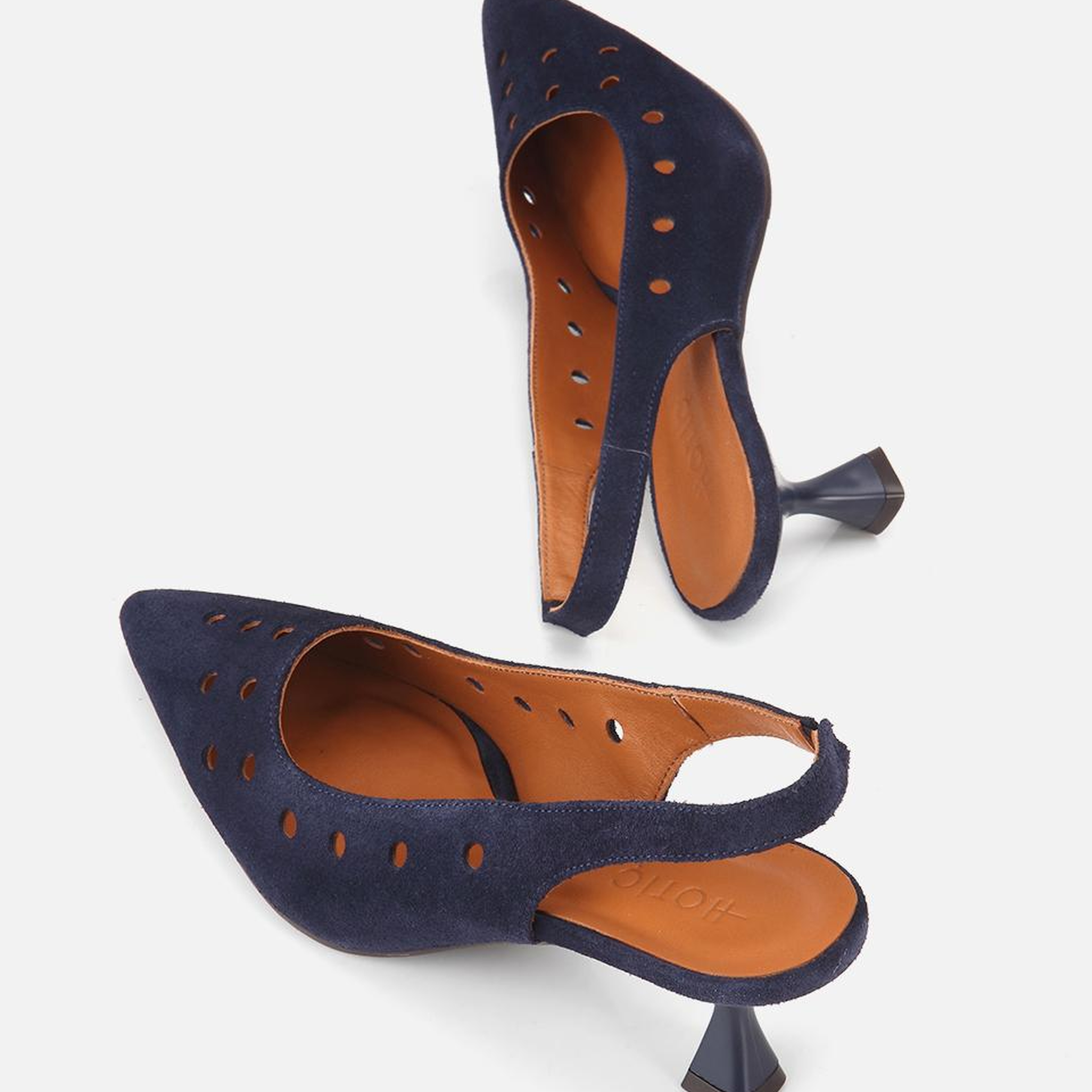 Kadın Süet Deri Lacivert Delikli Arkası Açık Kısa Topuklu Stiletto