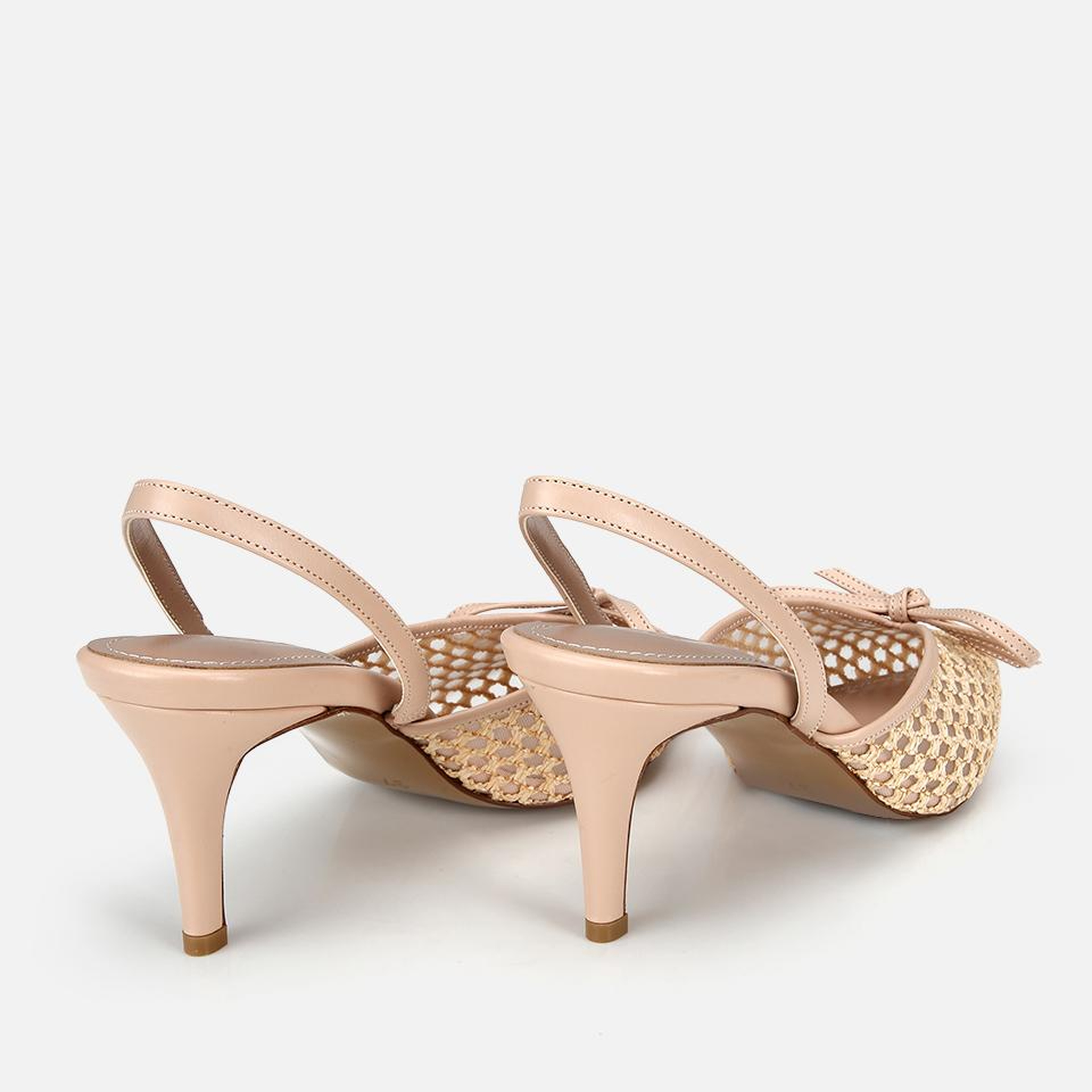 Kadın Bej Hasır Detaylı Fiyonklu Kısa Topuklu Stiletto