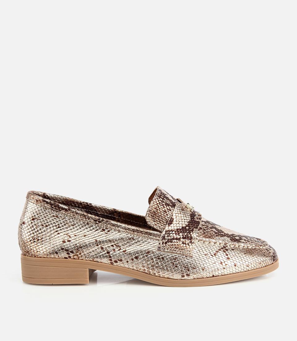 Kadın Deri Gold Yılan Baskılı Klasik Loafer