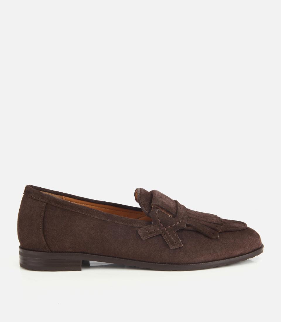 Kadın Süet Deri Kahverengi Püskül Detaylı Klasik Loafer