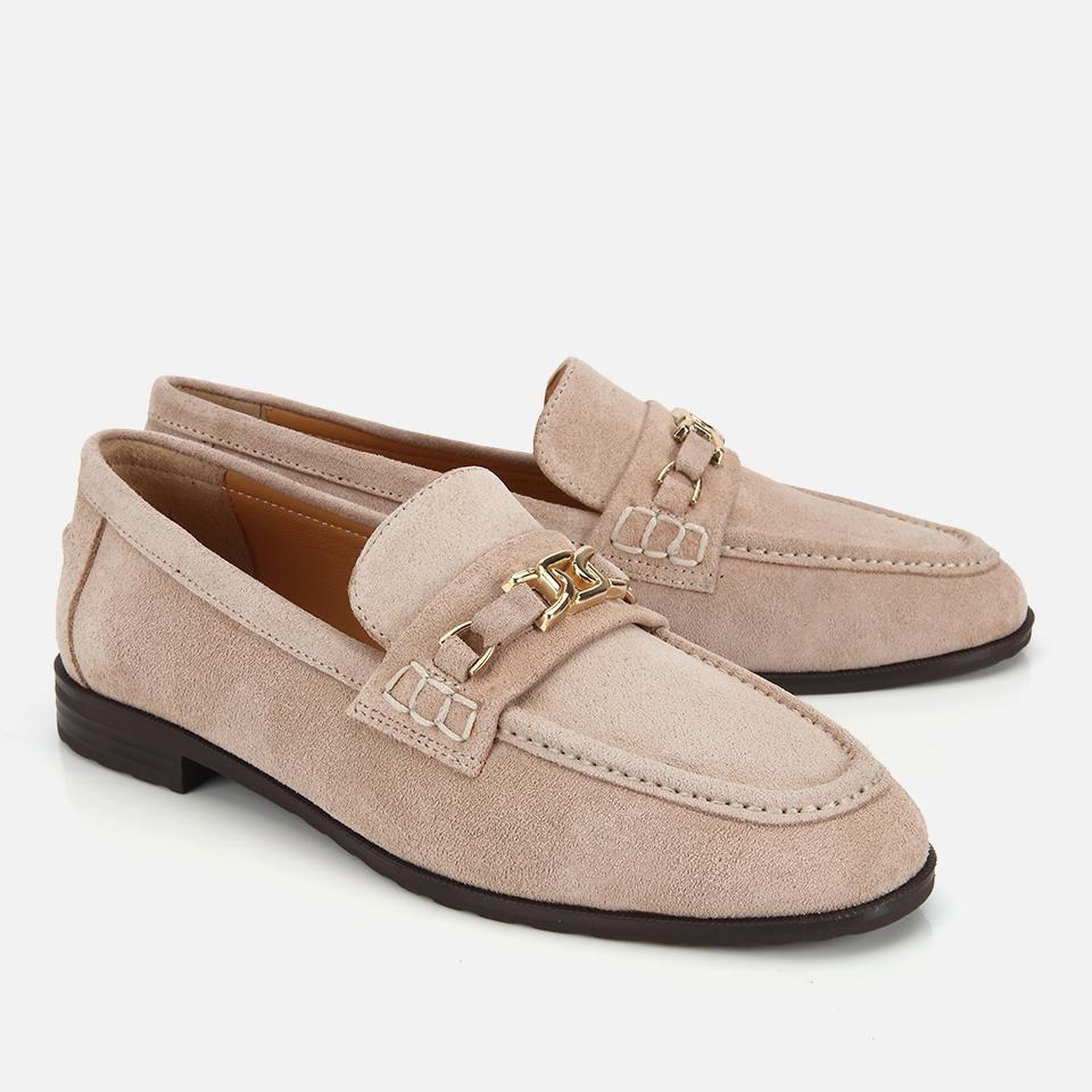 Kadın Süet Deri Bej Toka Detaylı Klasik Loafer