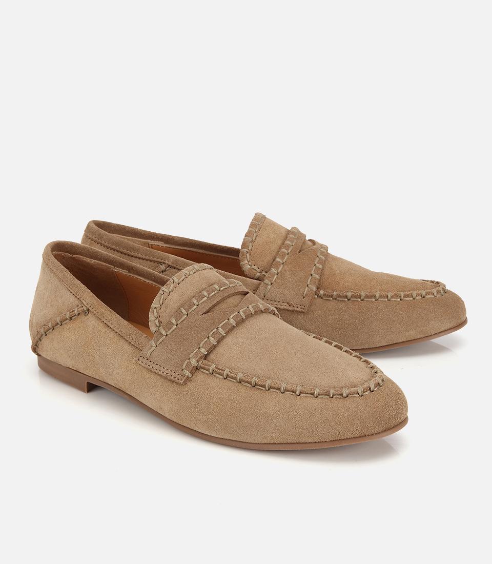 Kadın Süet Deri Bej Dikiş Detaylı Günlük Loafer