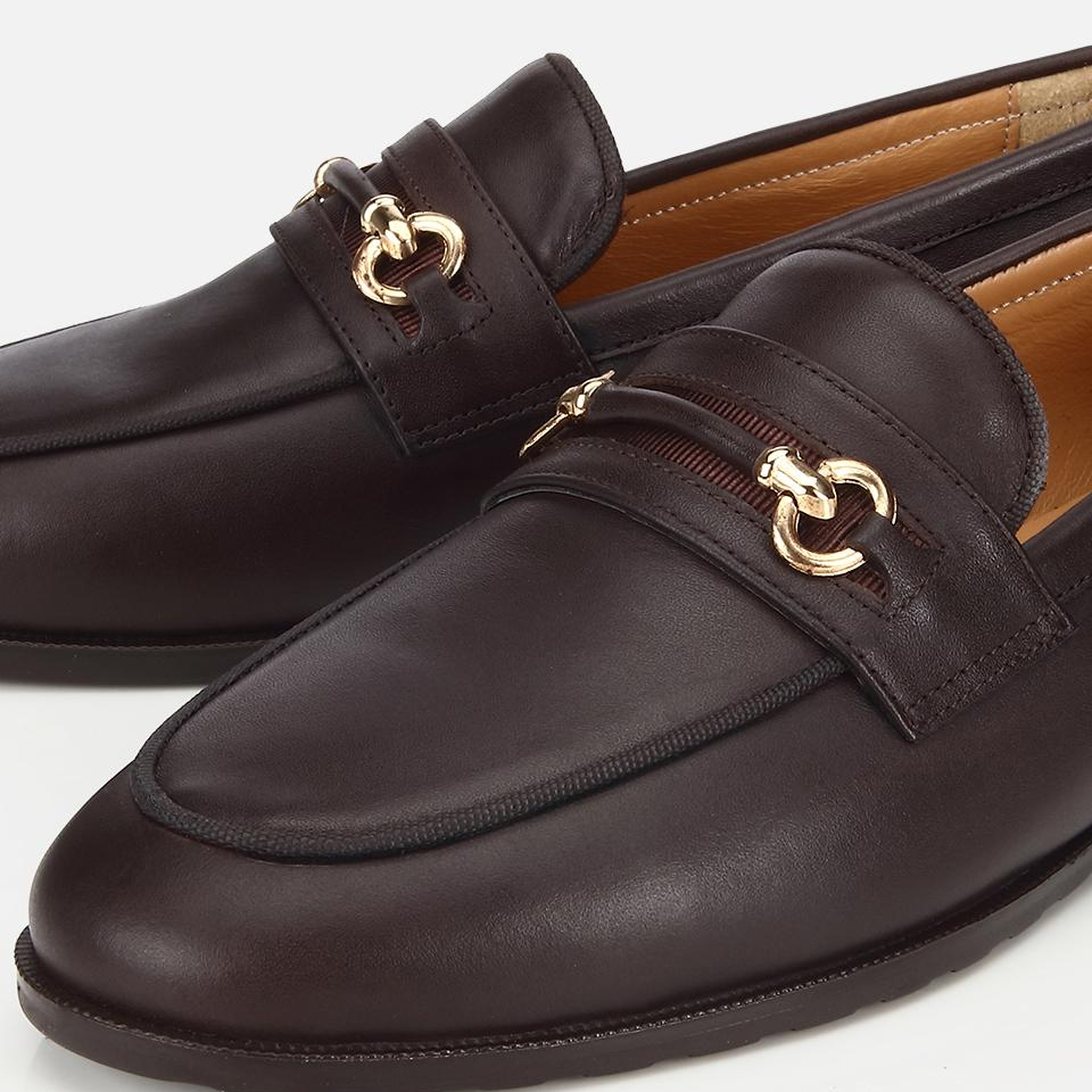 Kadın Deri Kahverengi Tokalı Klasik Loafer
