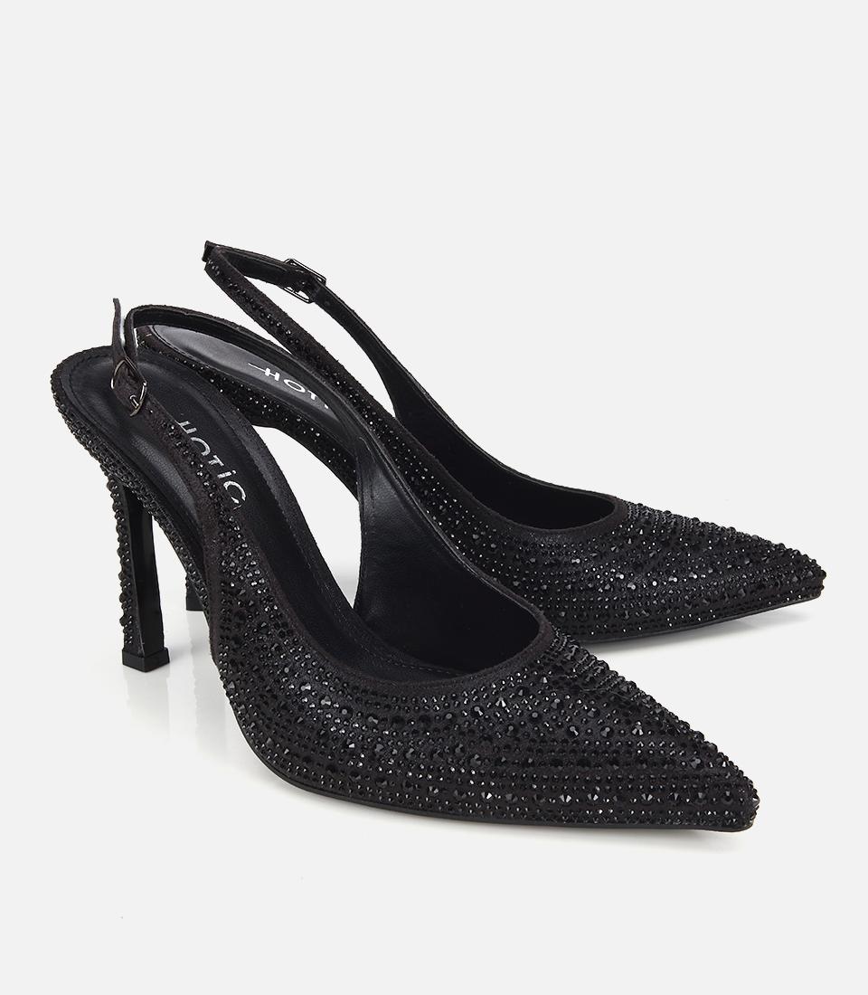 Kadın Siyah Taşlı Arkası Açık Stiletto