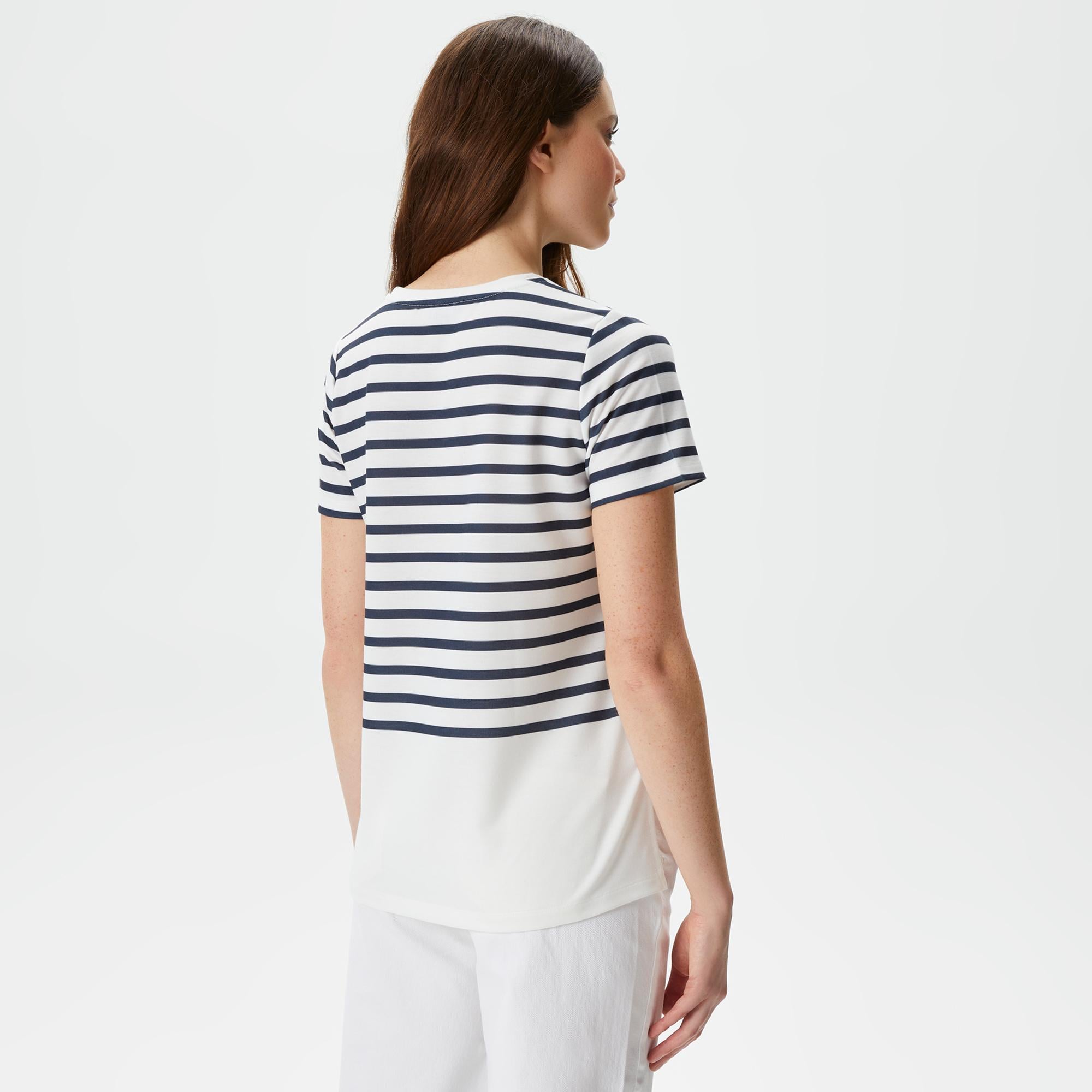 Nautica Kadın Beyaz Regular Fit Çizgili T-Shirt
