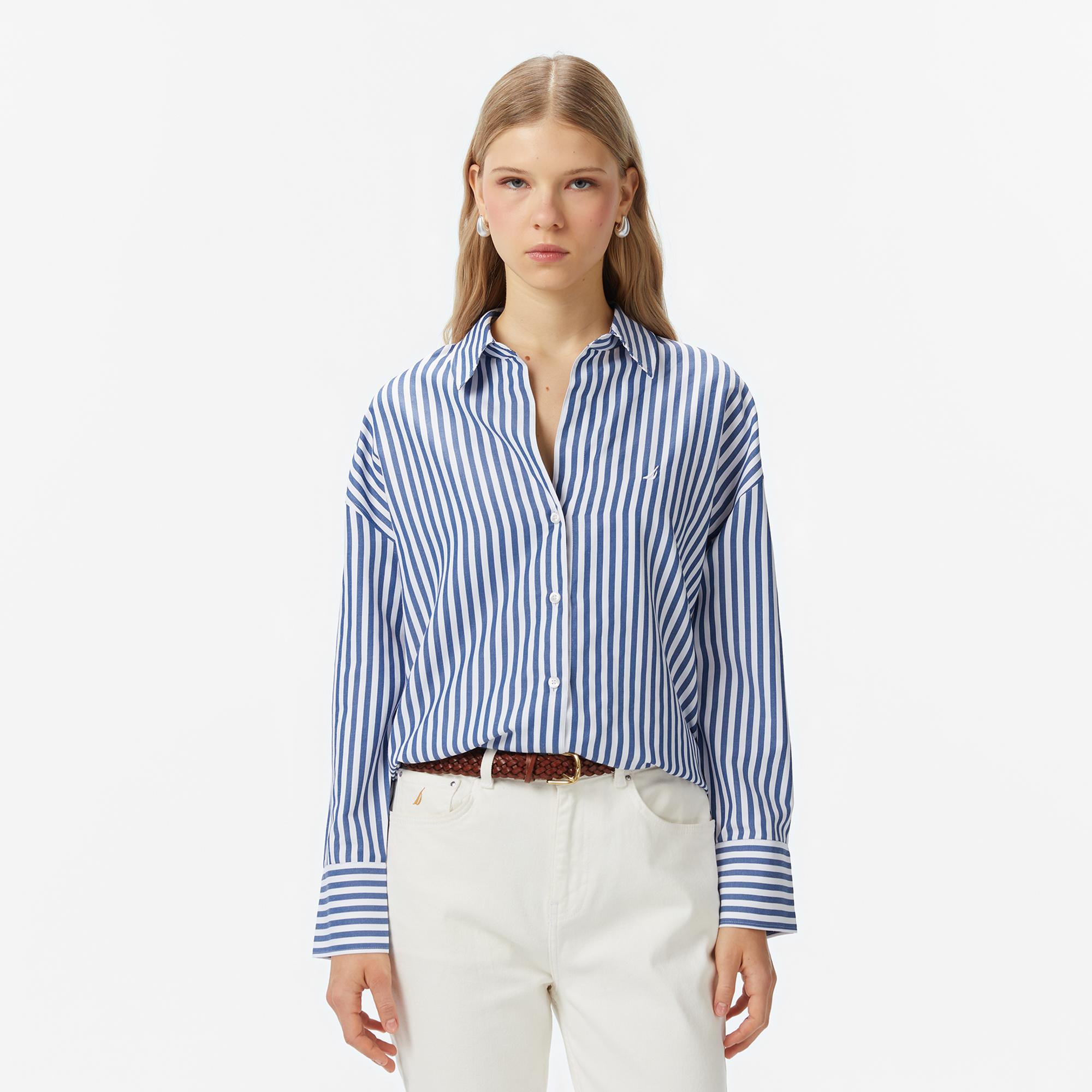 Nautica Kadın Mavi Oversize Çizgili Gömlek
