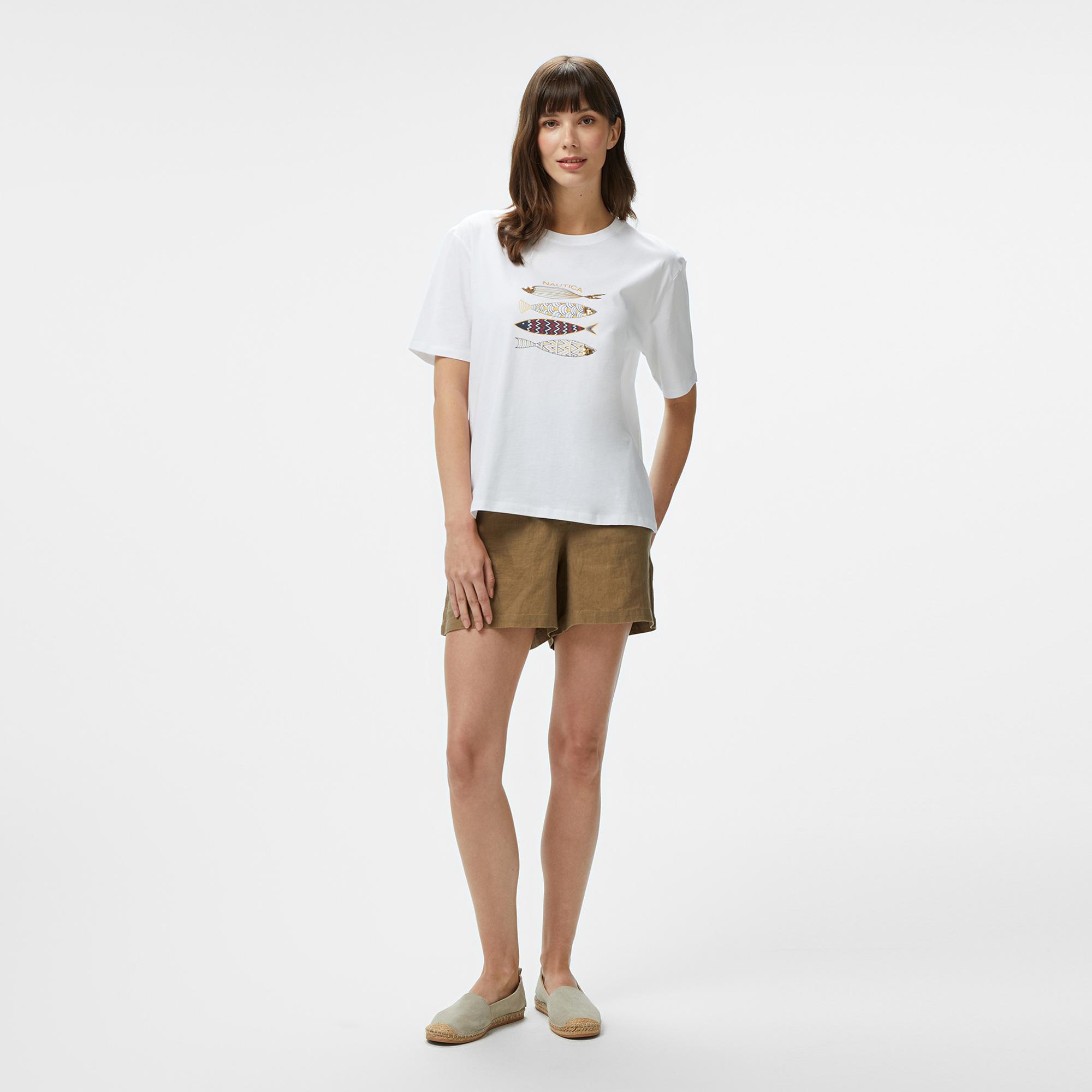 Nautica Kadın Beyaz Regular Fit Nakışlı T-Shirt
