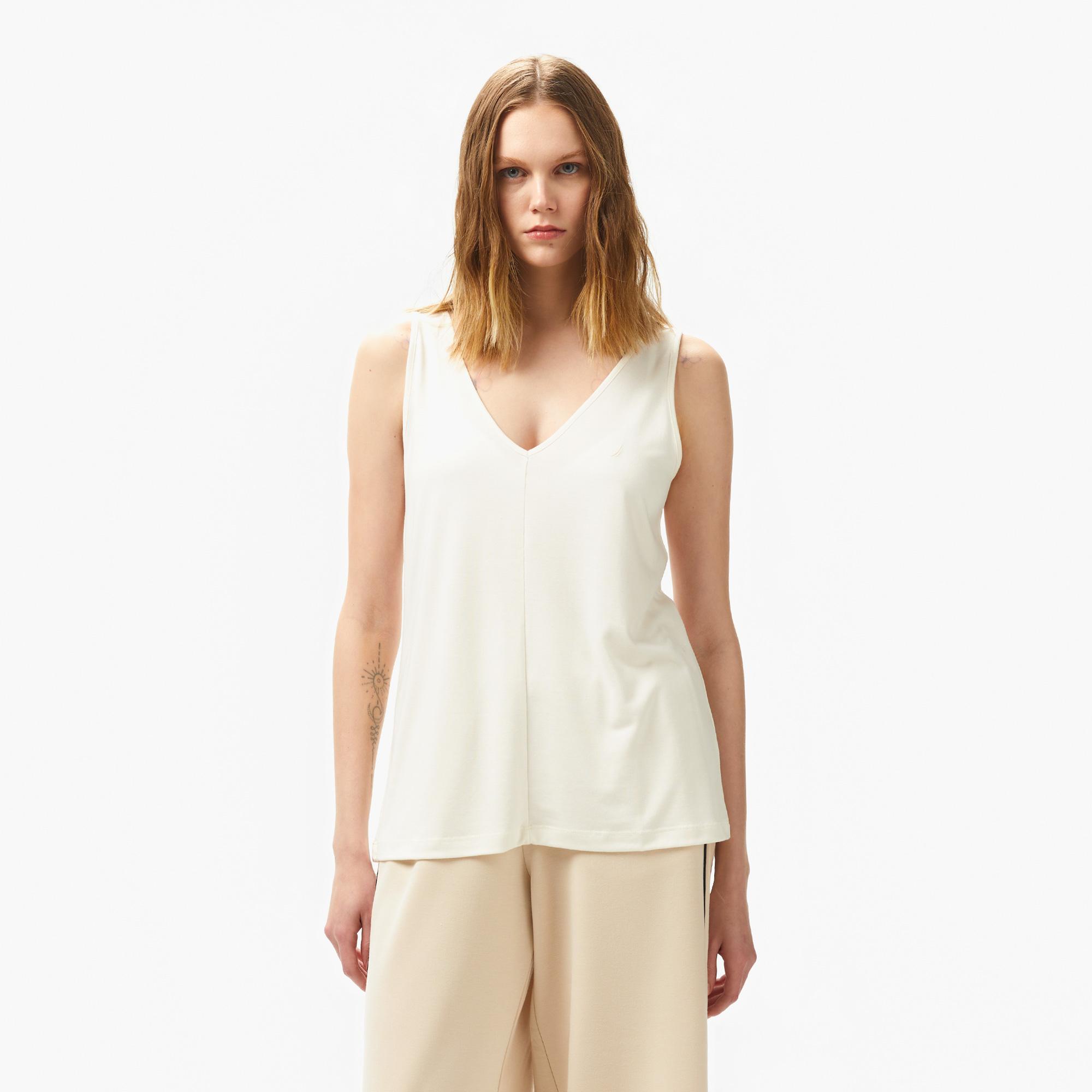 Nautica Kadın Krem Rengi Relaxed Fit T-Shirt