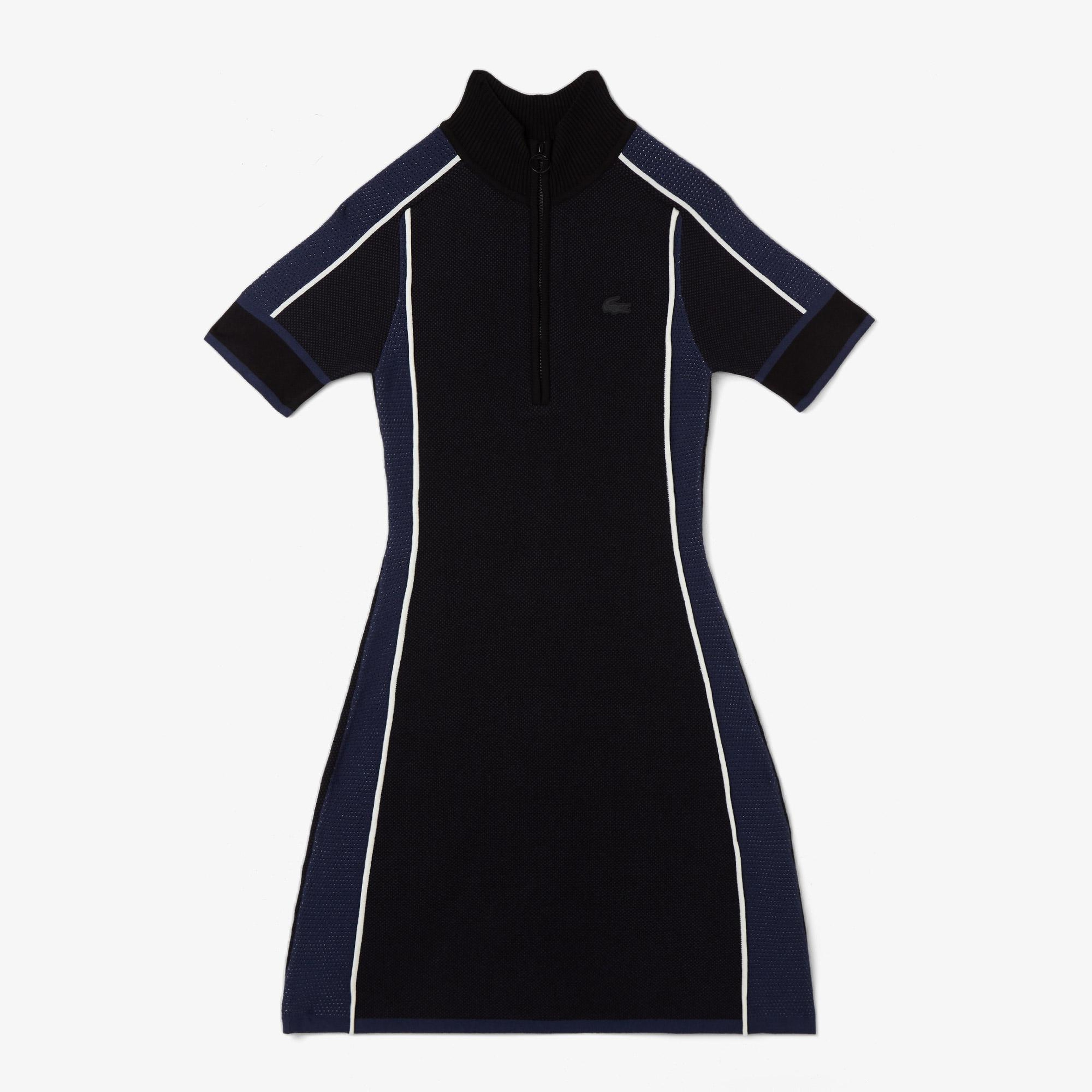 Lacoste Kadın Classic Fit Kısa Kollu Yarım Fermuarlı Renk Bloklu Siyah Elbise