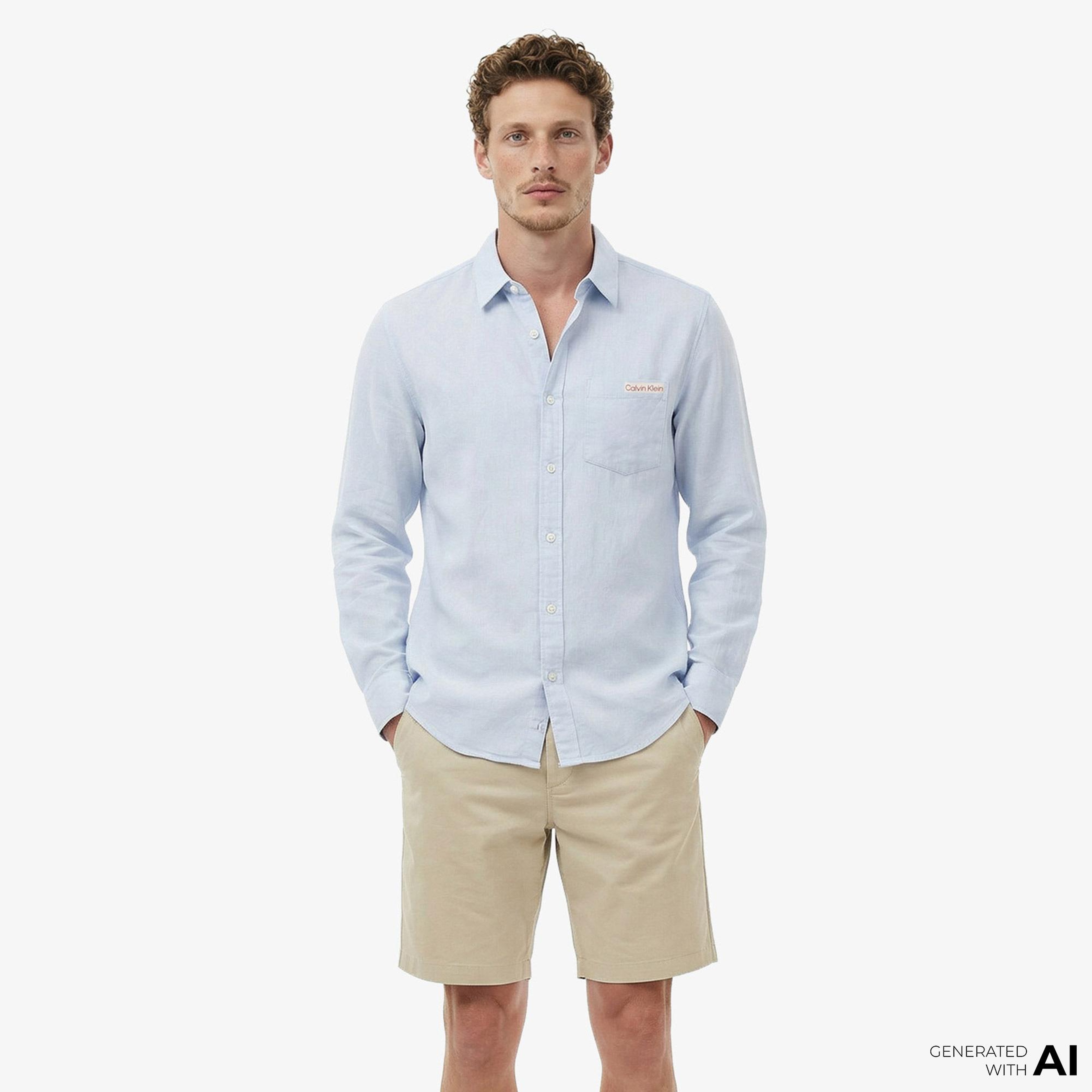 Calvin Klein Solid Casual Linen Classic Erkek Mavi Gömlek