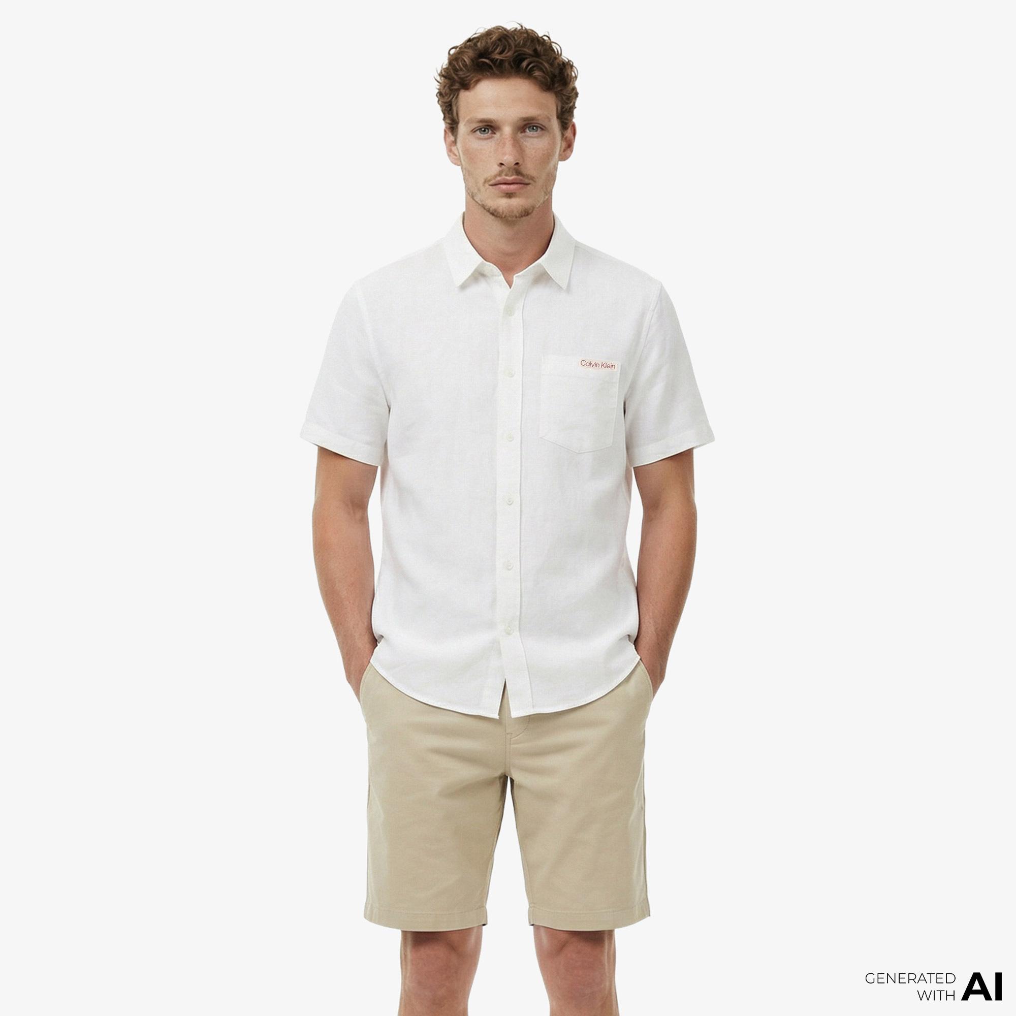 Calvin Klein Solid Causal Linen Classic Erkek Beyaz Gömlek
