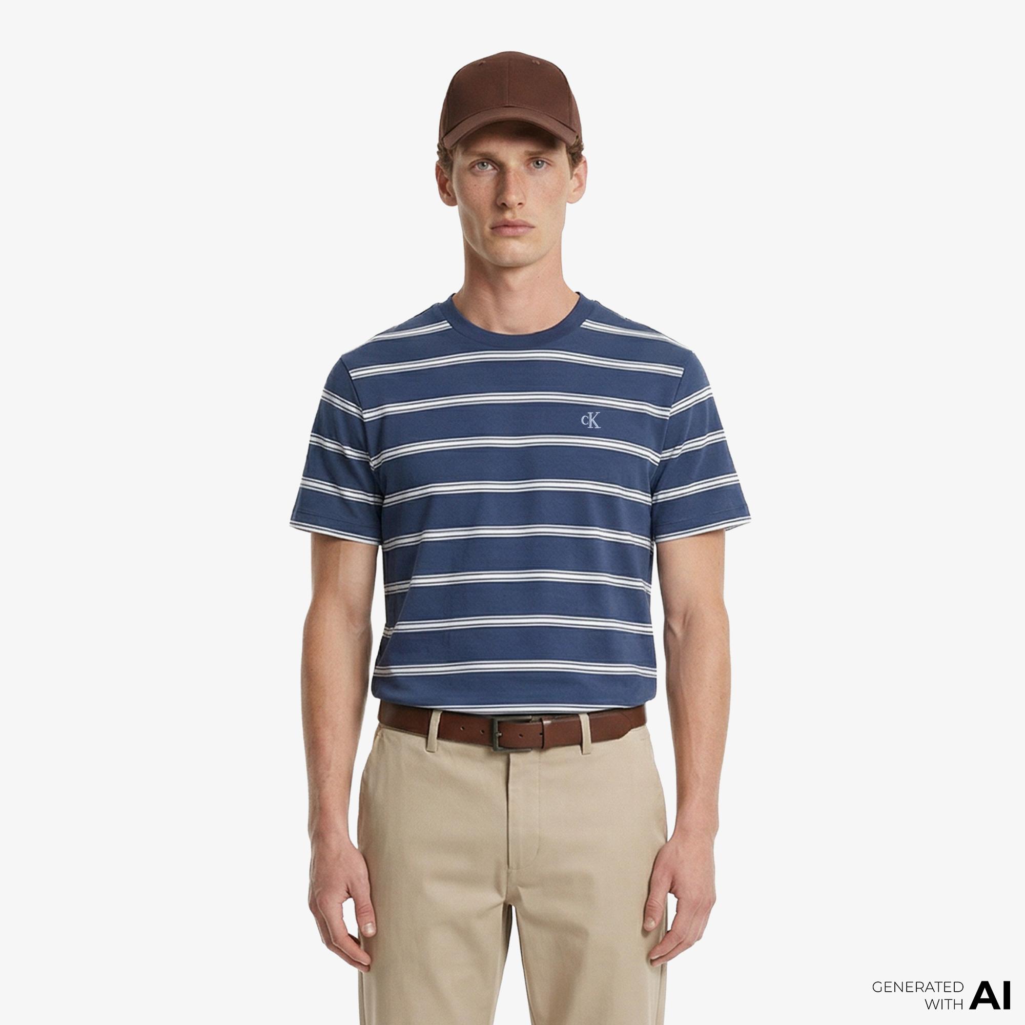 Calvin Klein Easy Stripe Crewnk Erkek Mavi T-Shirt