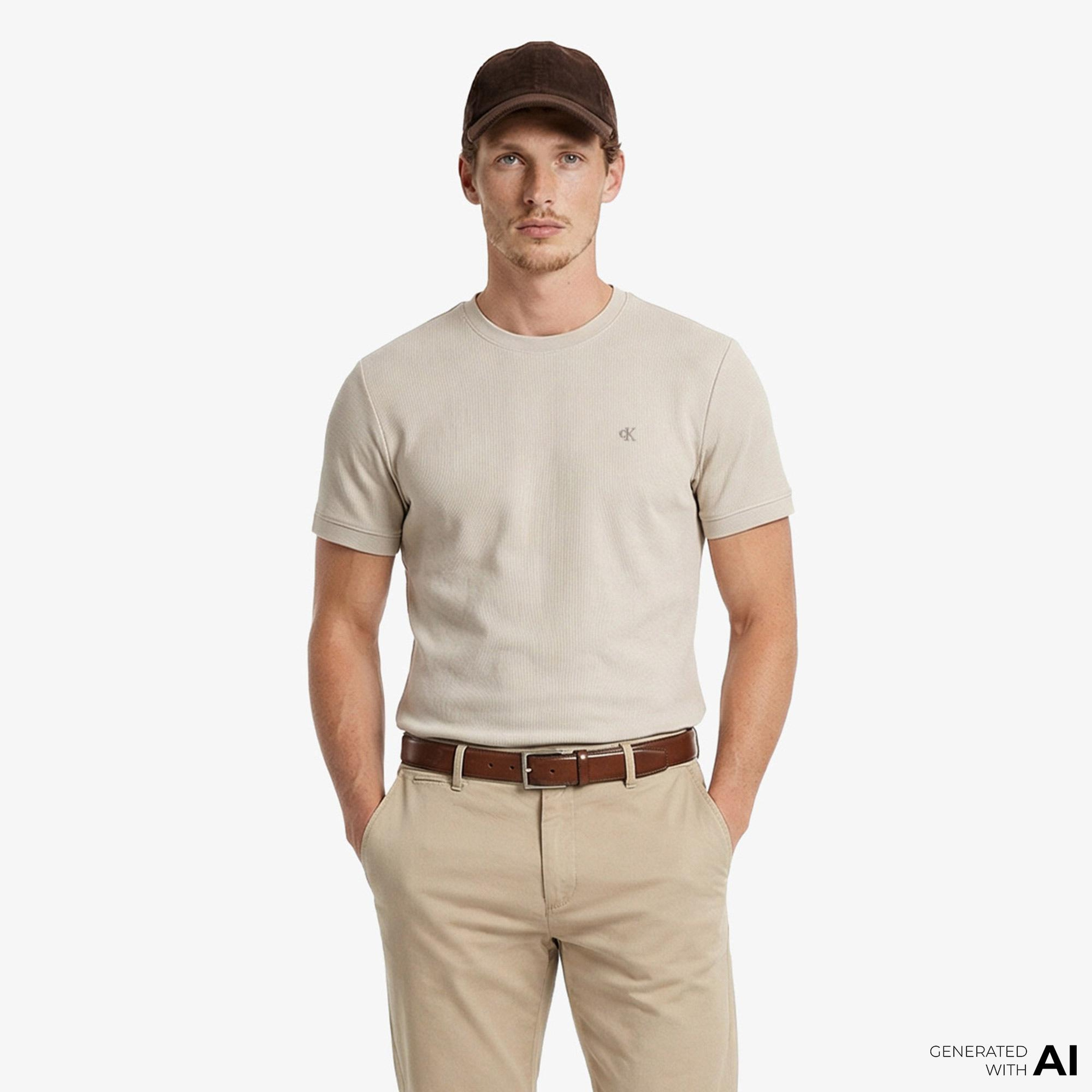 Calvin Klein Slim Micro Waffle Crewnk  Erkek Bej T-Shirt