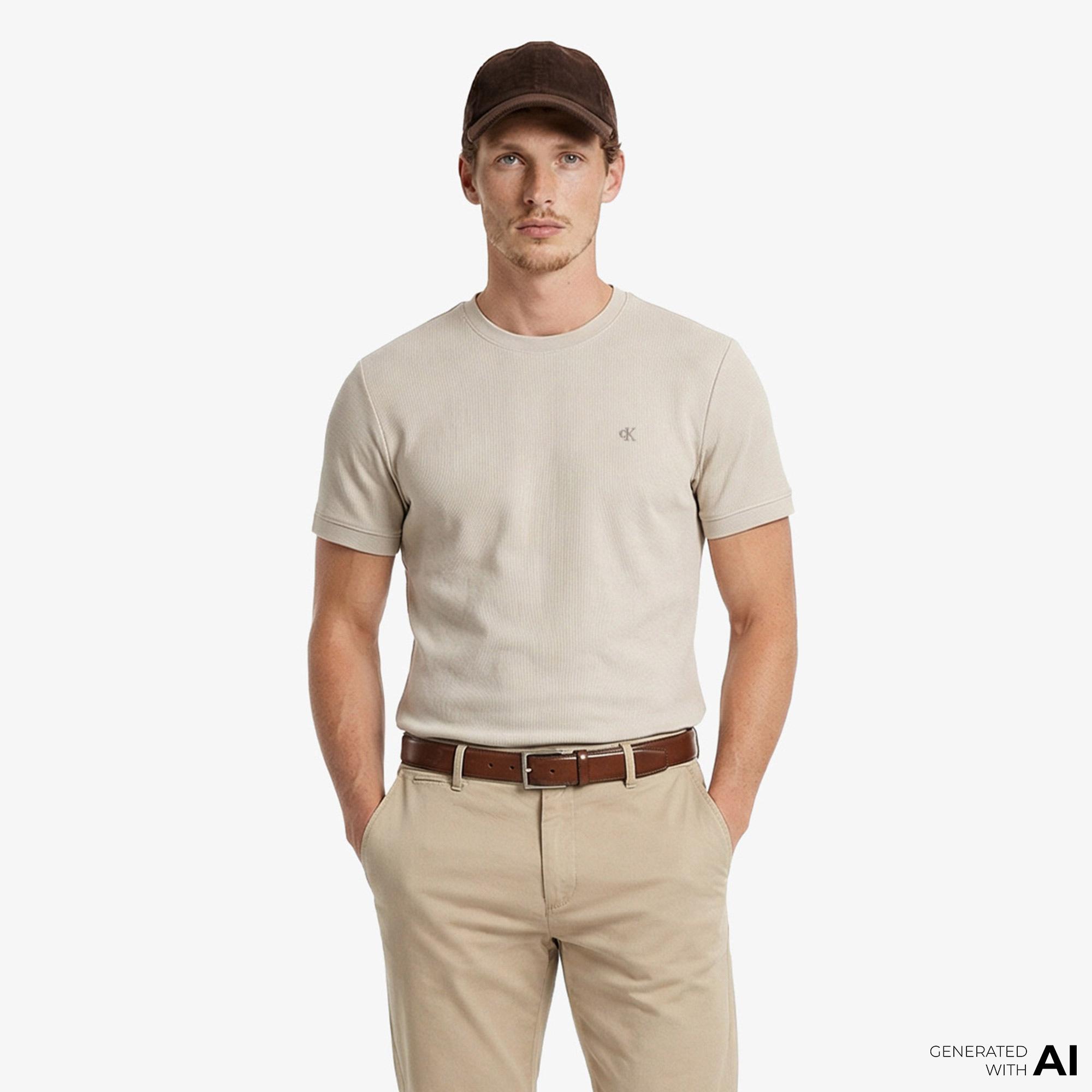 Calvin Klein Slim Micro Waffle Crewnk  Erkek Bej T-Shirt