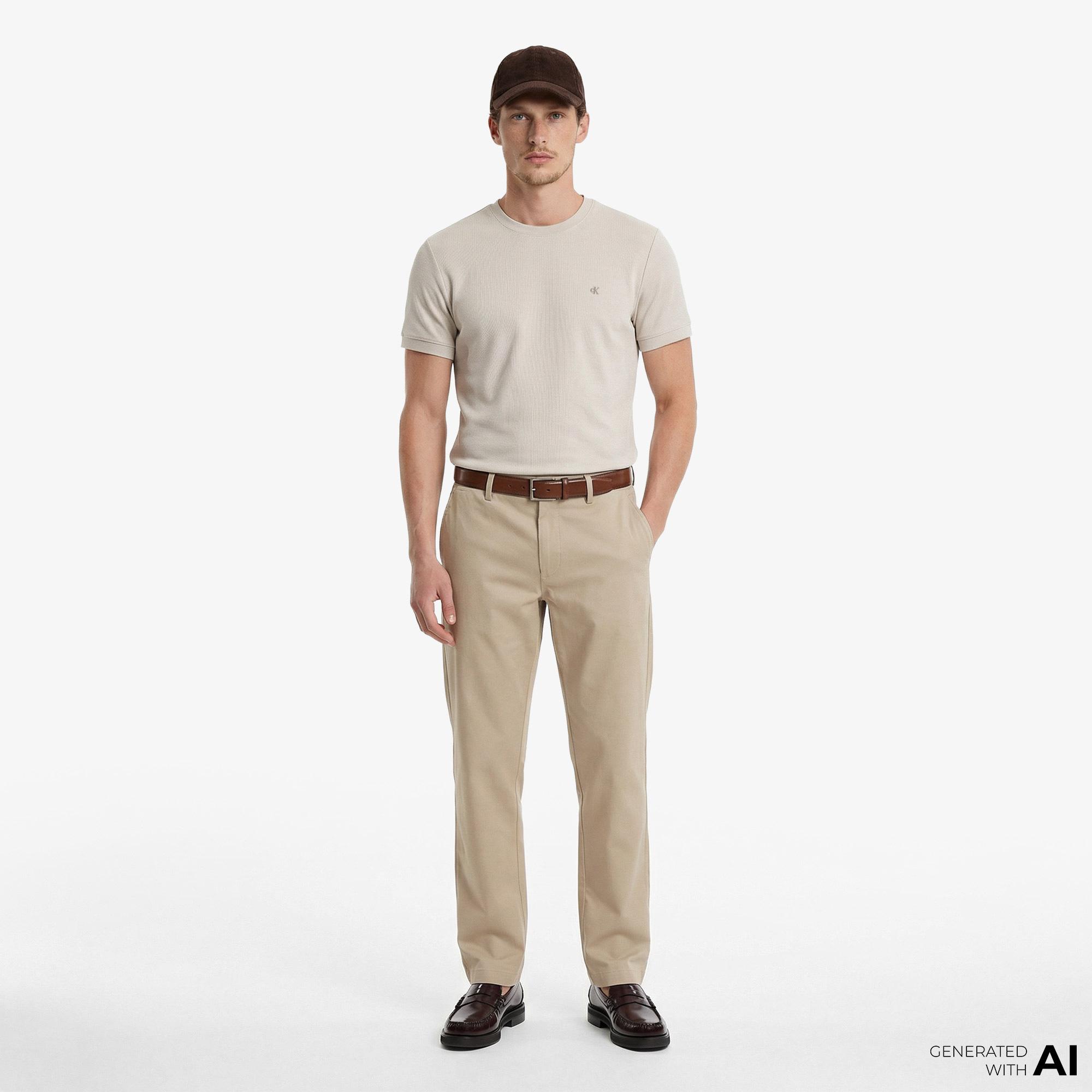 Calvin Klein Slim Micro Waffle Crewnk  Erkek Bej T-Shirt