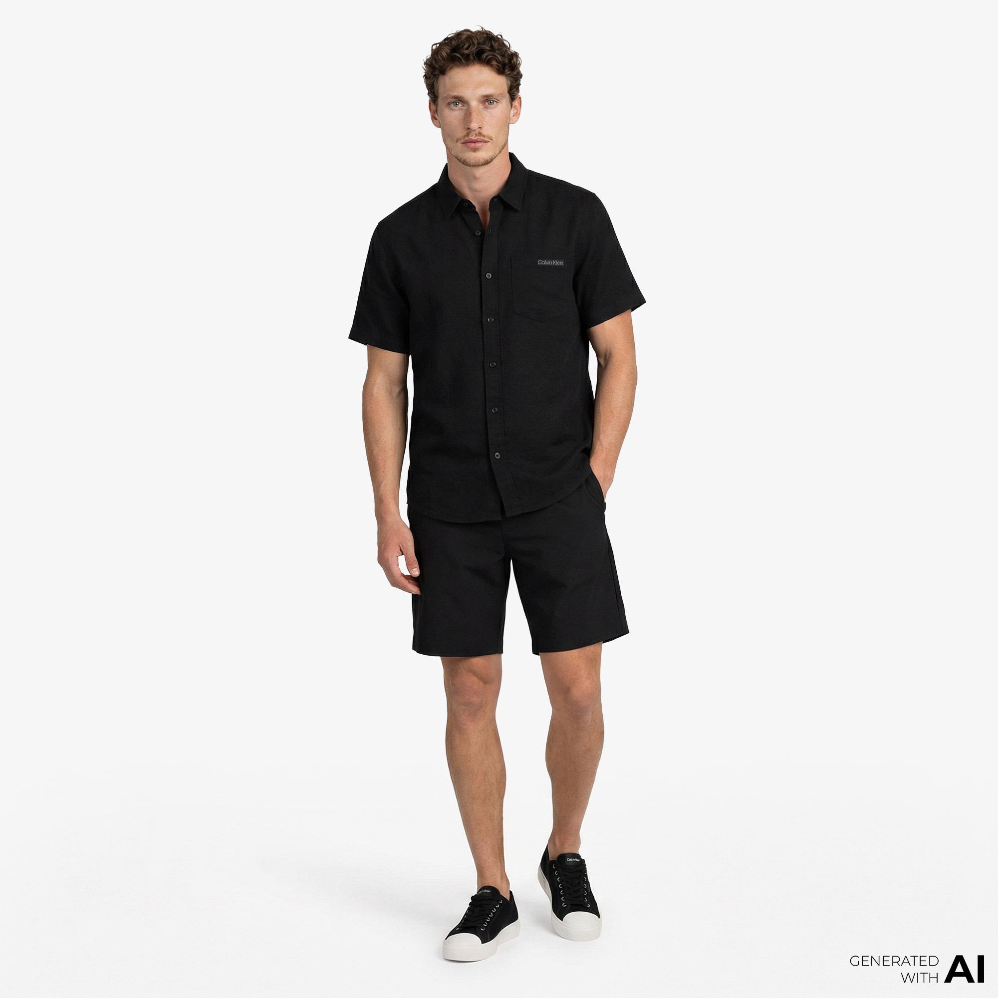 Calvin Klein Solid Causal Linen Classic Erkek Siyah Gömlek