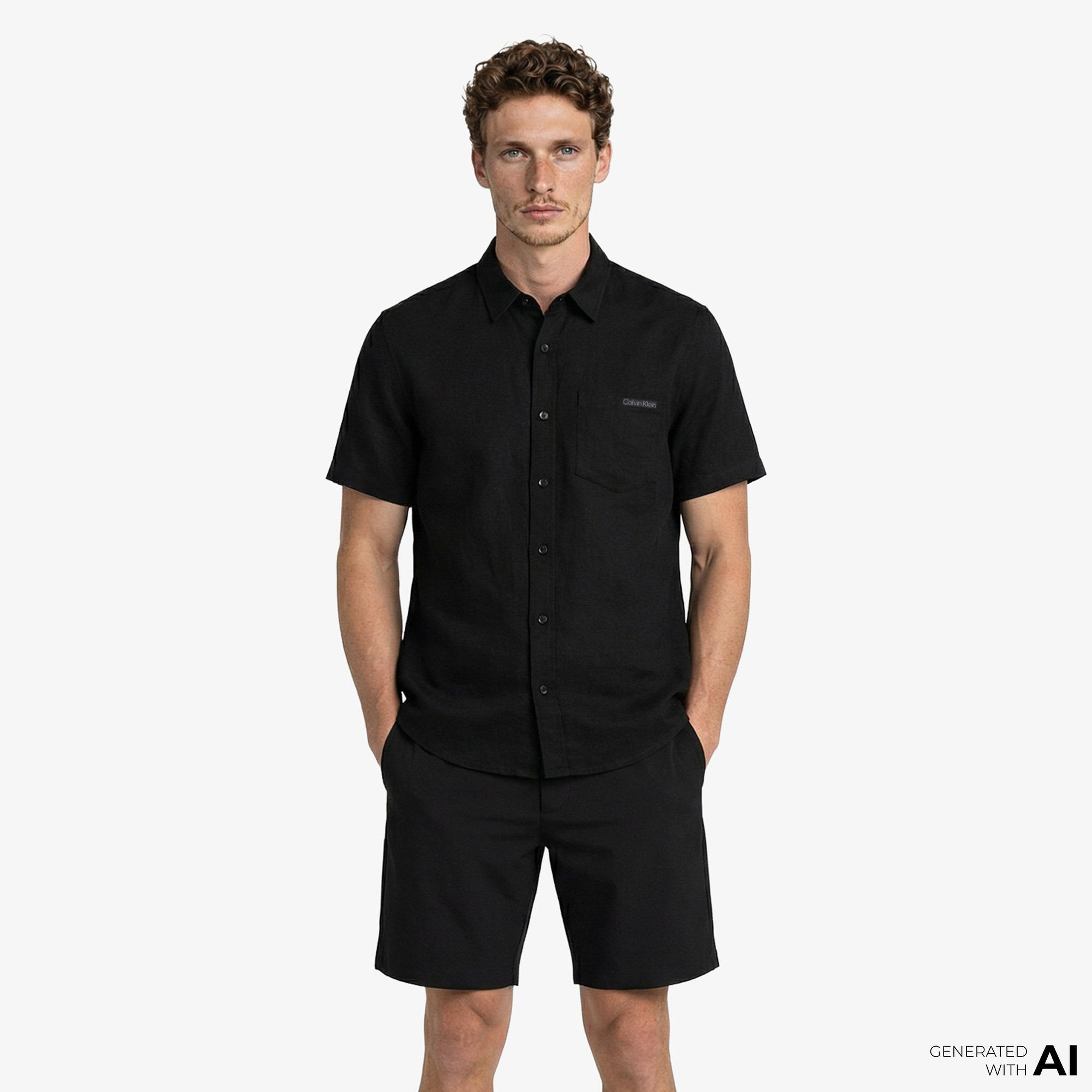 Calvin Klein Solid Causal Linen Classic Erkek Siyah Gömlek