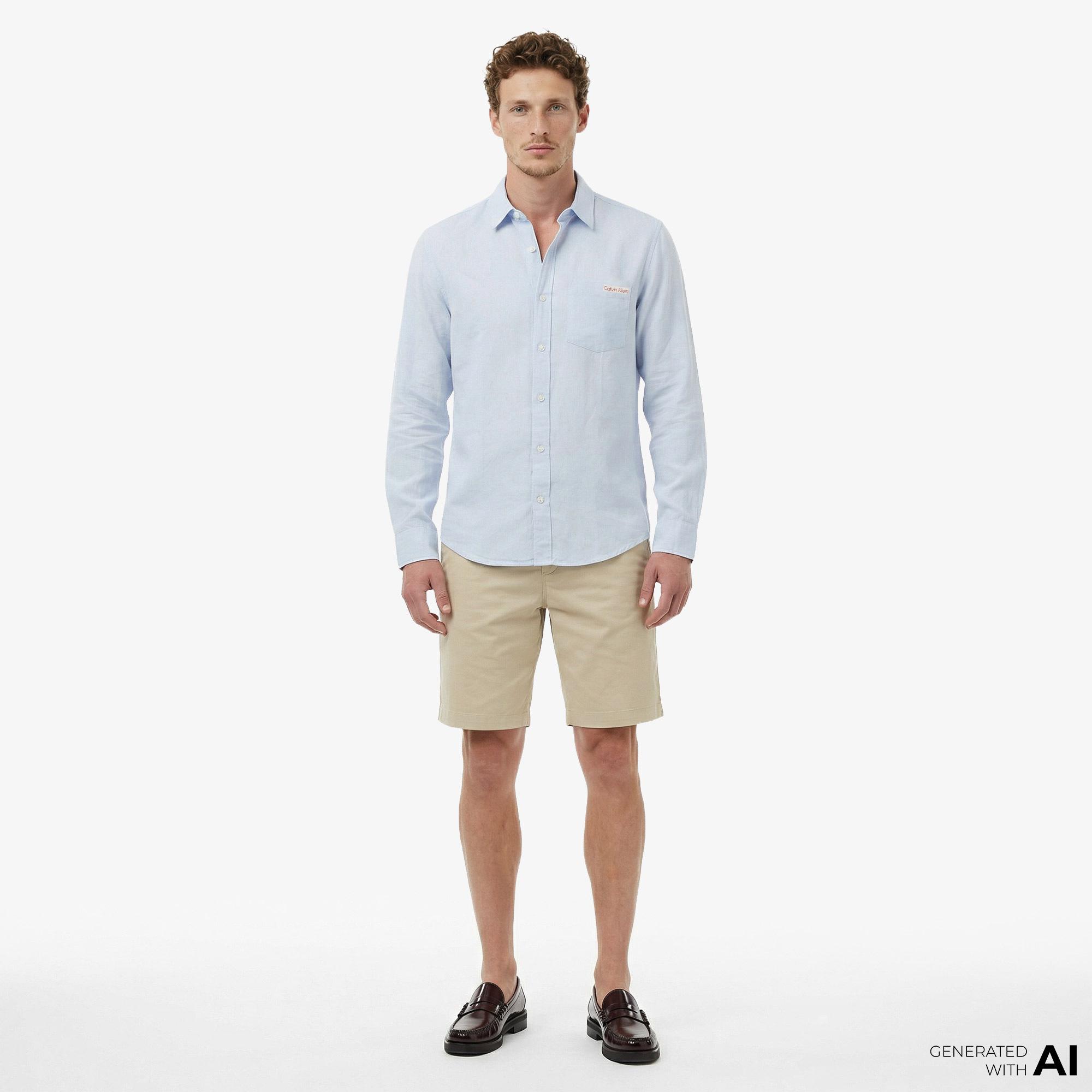 Calvin Klein Solid Casual Linen Classic Erkek Mavi Gömlek