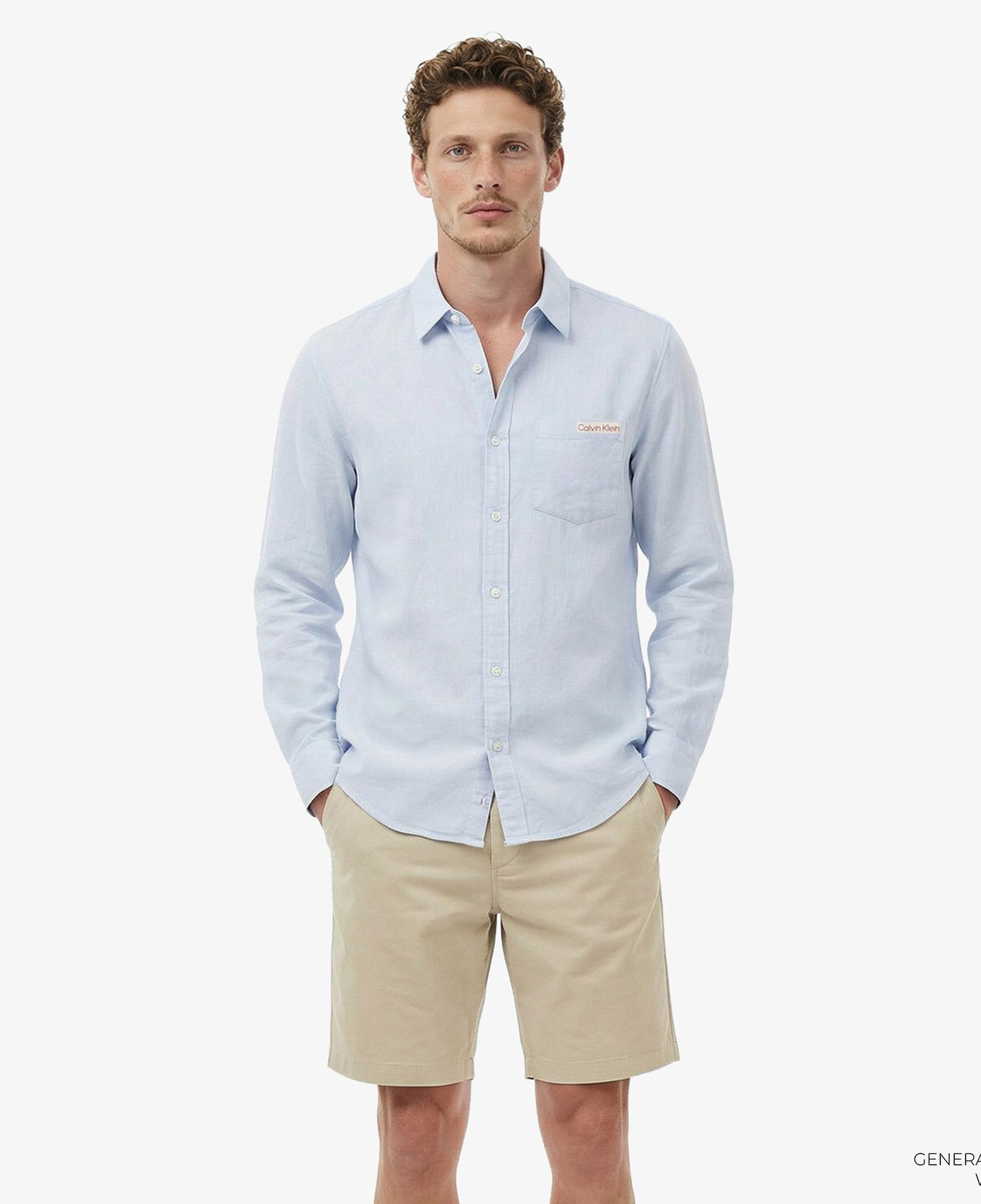 Calvin Klein Solid Casual Linen Classic Erkek Mavi Gömlek