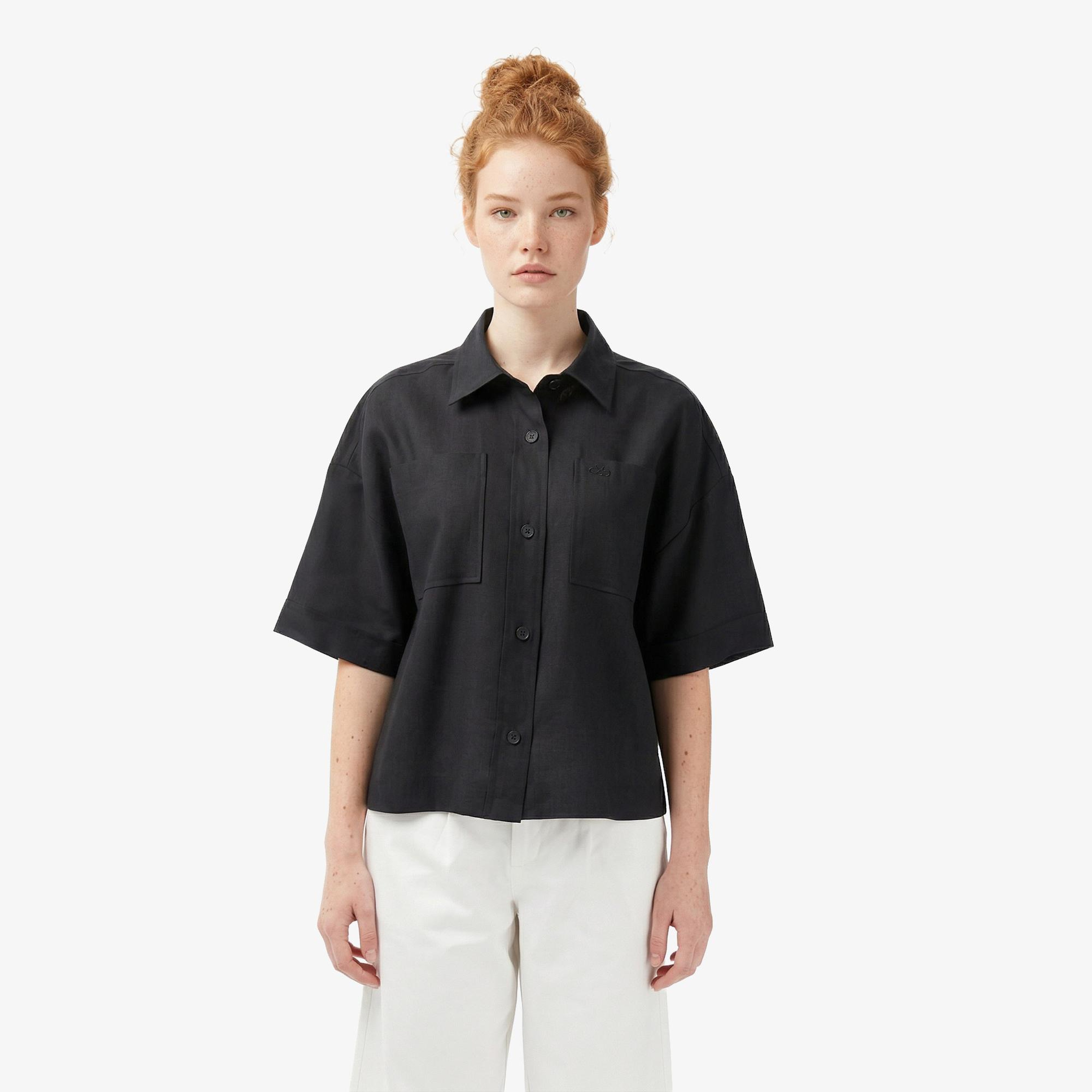 Lacoste Kadın Relaxed Fit Truvakar Kollu Keten Siyah Gömlek