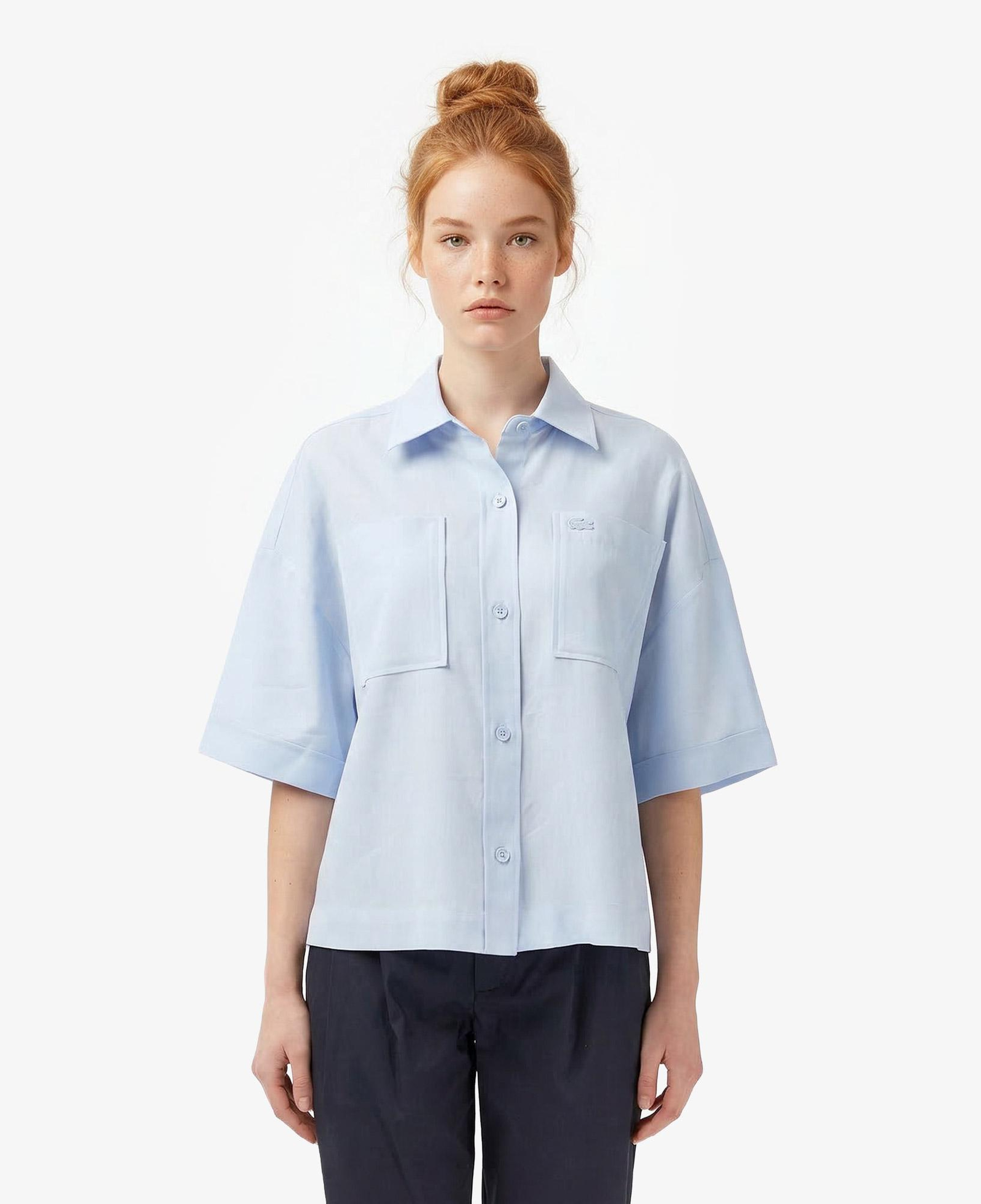 Lacoste Kadın Relaxed Fit Truvakar Kollu Keten Mavi Gömlek