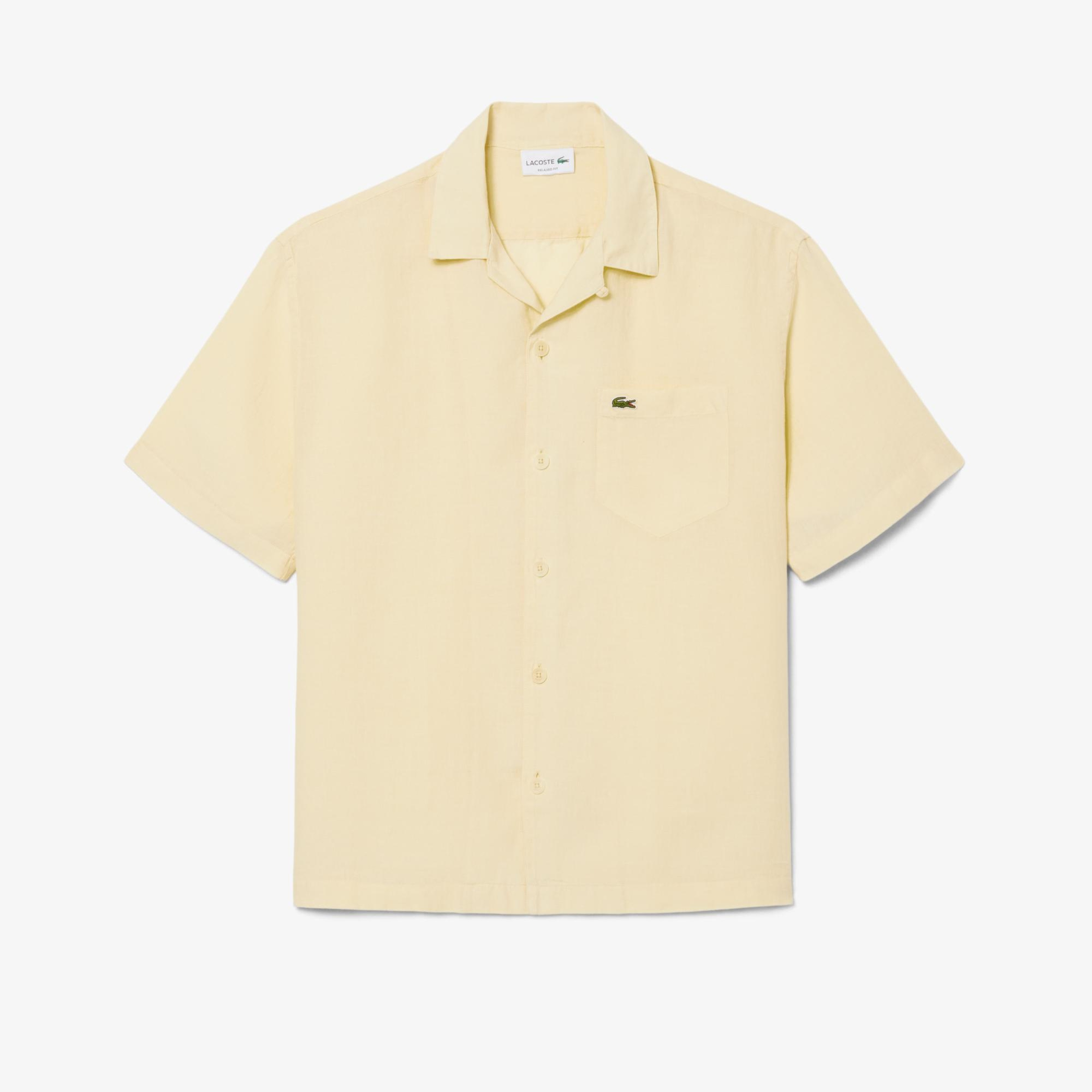Lacoste Erkek Relaxed Fit Kısa Kollu Keten Krem Gömlek