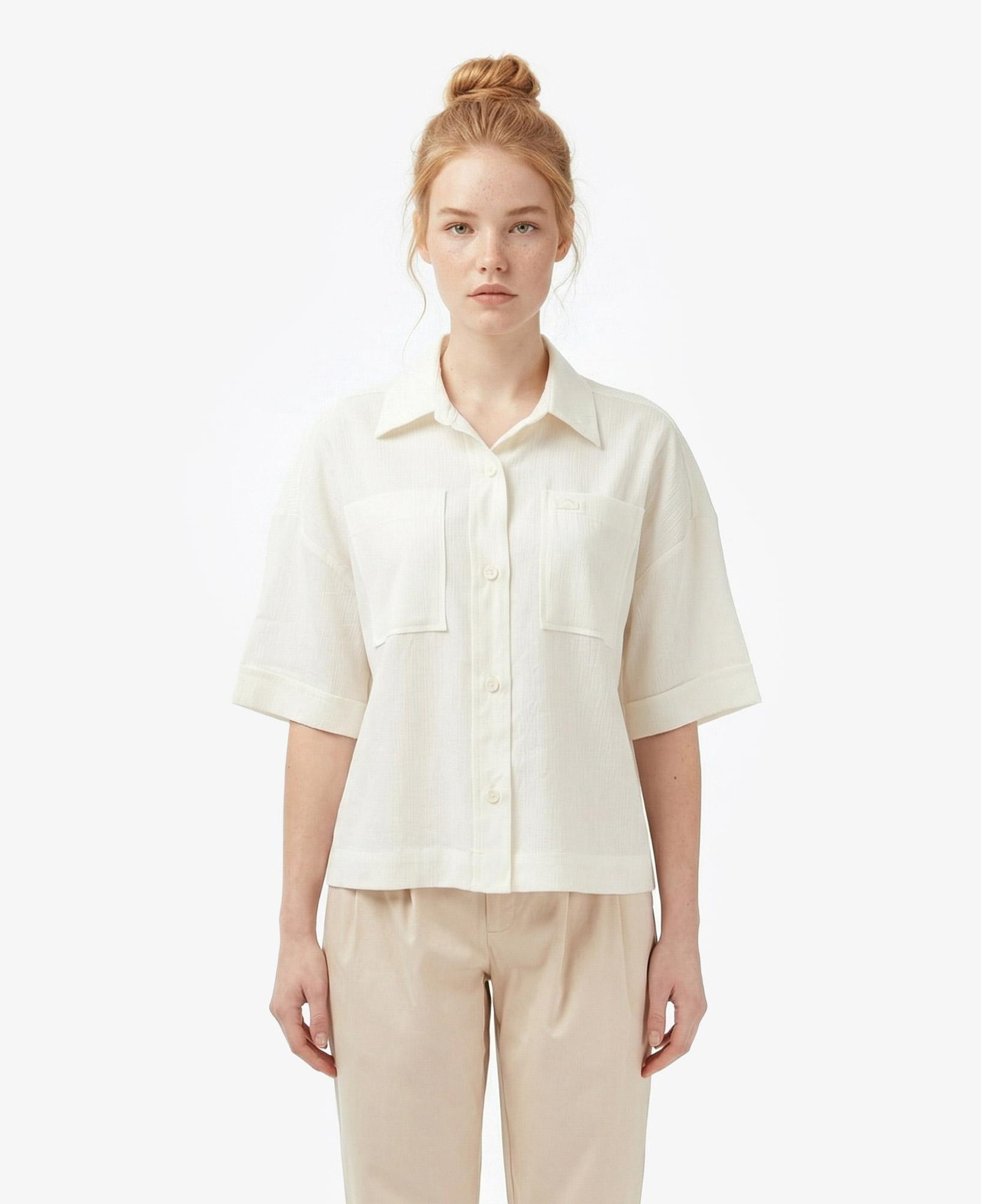 Lacoste Kadın Relaxed Fit Truvakar Kollu Keten Krem Gömlek