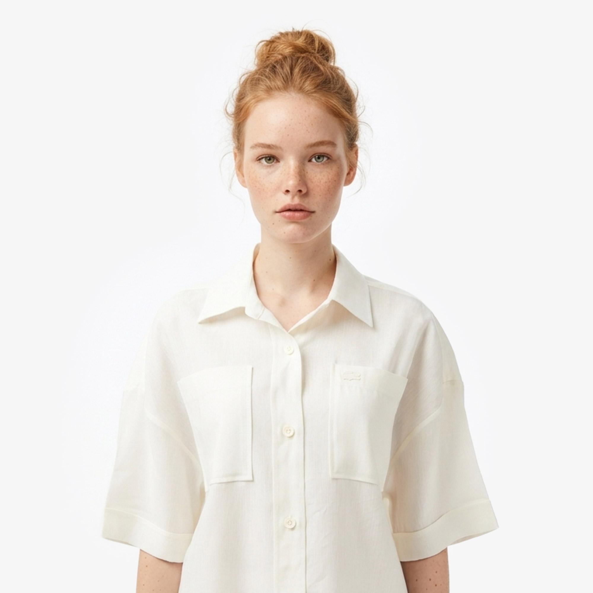 Lacoste Kadın Relaxed Fit Truvakar Kollu Keten Krem Gömlek