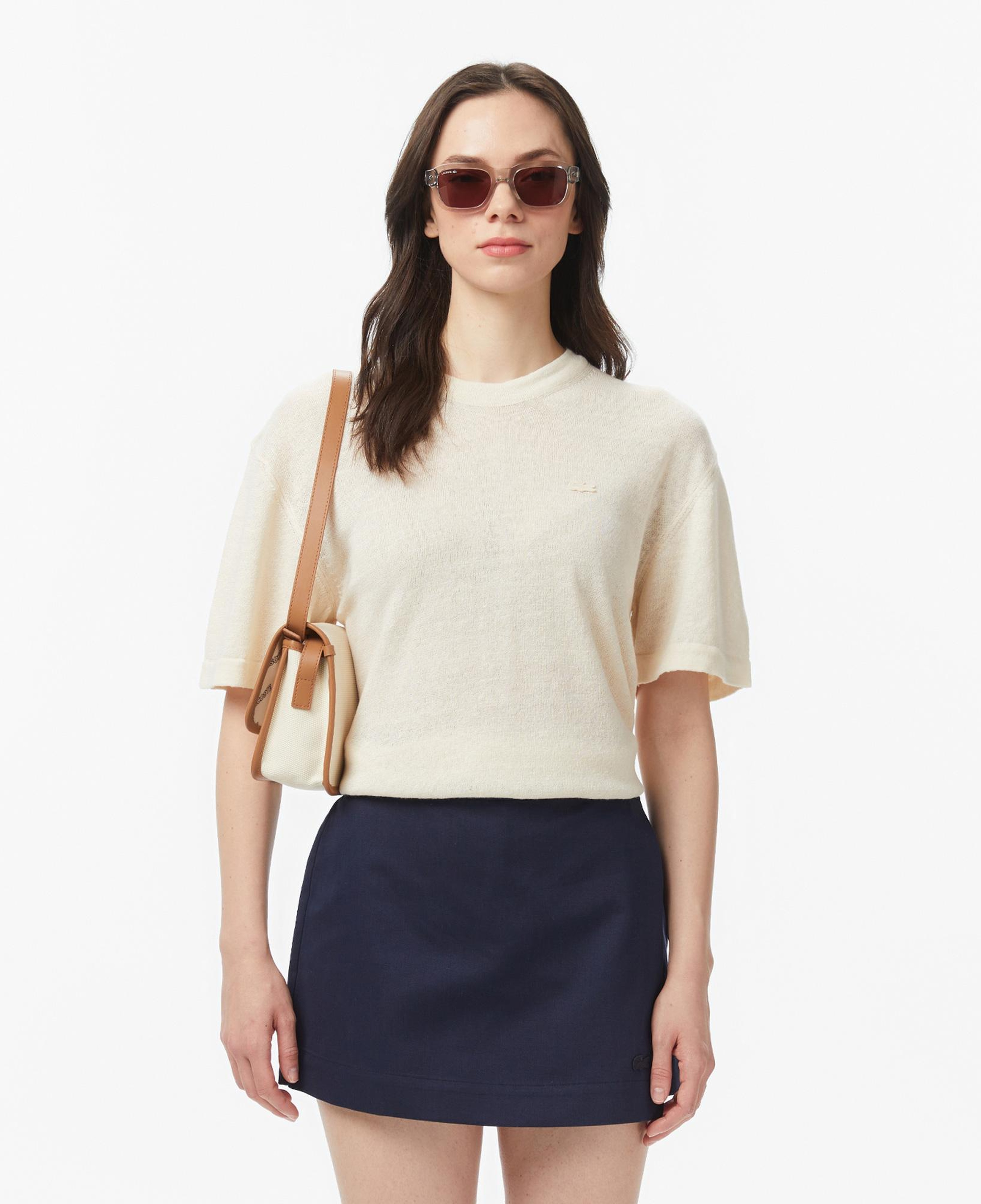 Lacoste Kadın Relaxed Fit Truvakar Kollu Bisiklet Yaka Keten Bej Triko