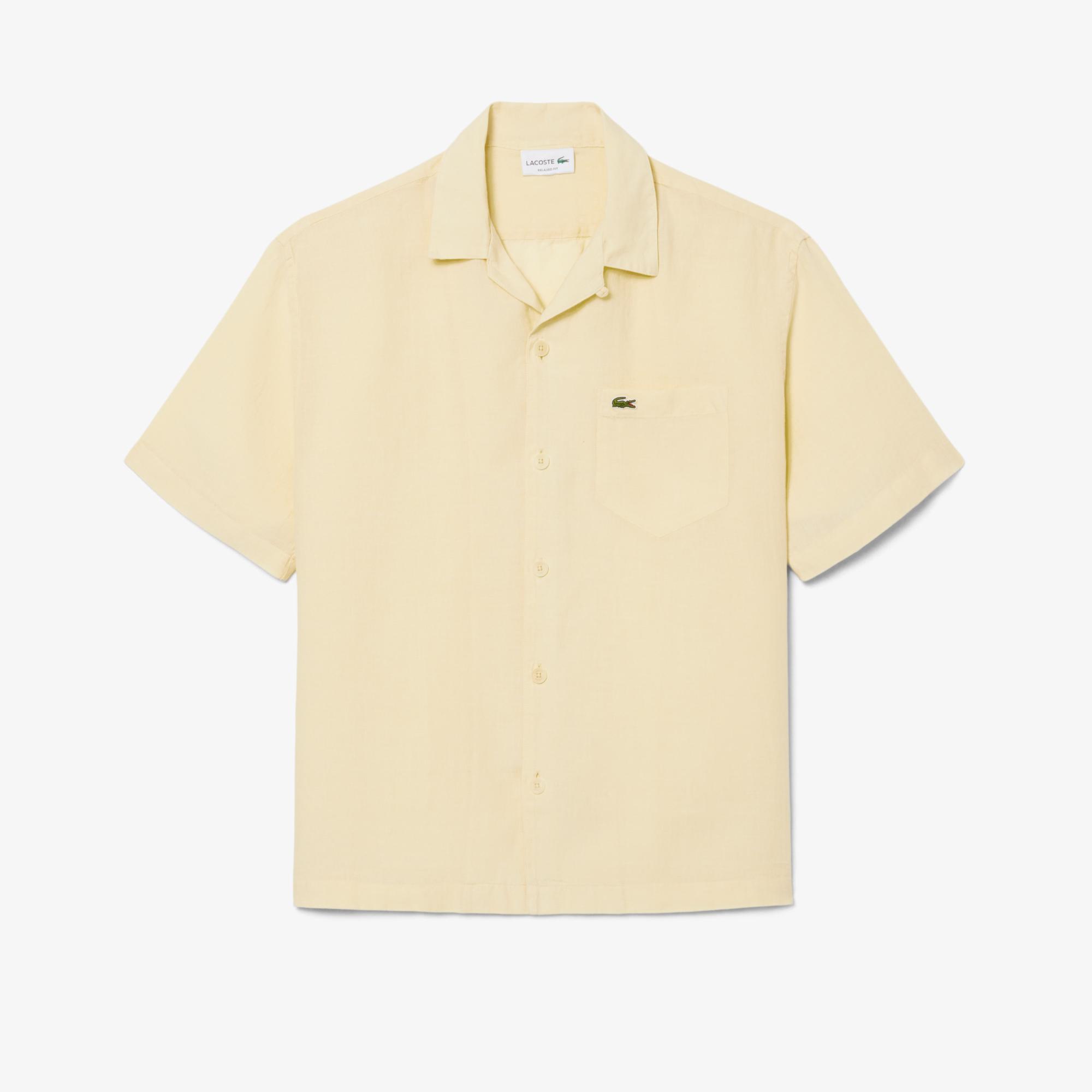 Lacoste Erkek Relaxed Fit Kısa Kollu Keten Krem Gömlek