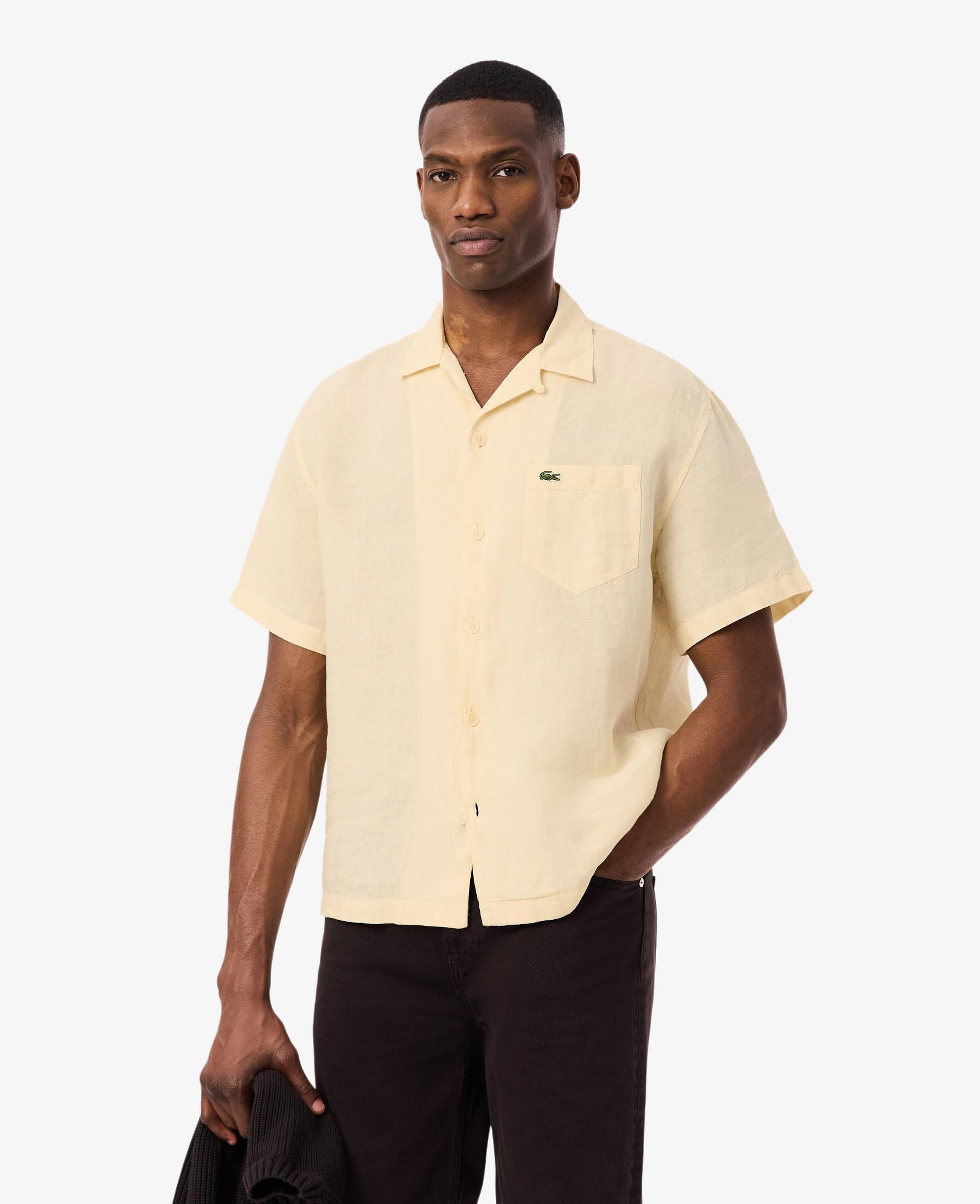 Lacoste Erkek Relaxed Fit Kısa Kollu Keten Krem Gömlek