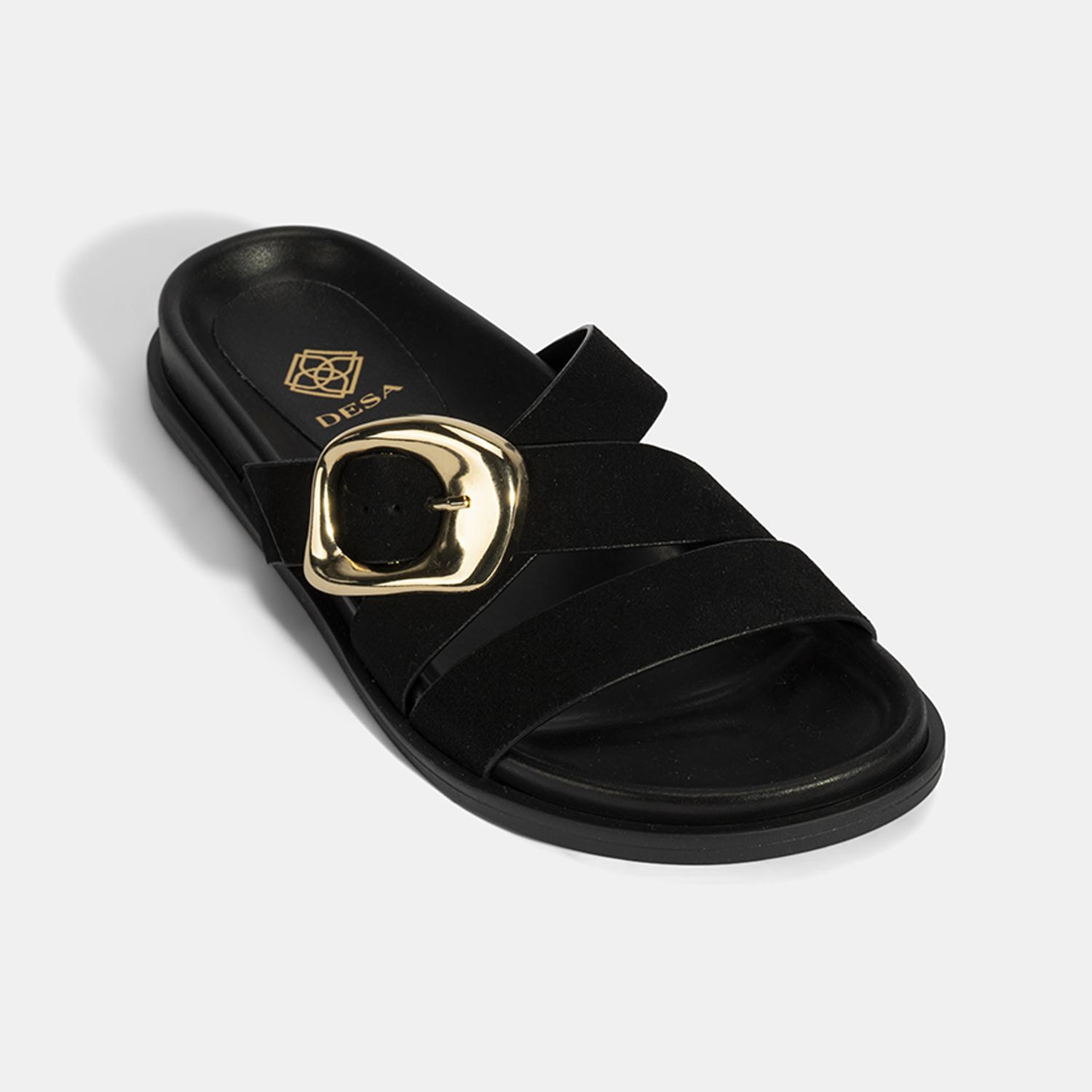 Kadın Siyah Ayarlanabilir Gold Tokalı Süet Terlik