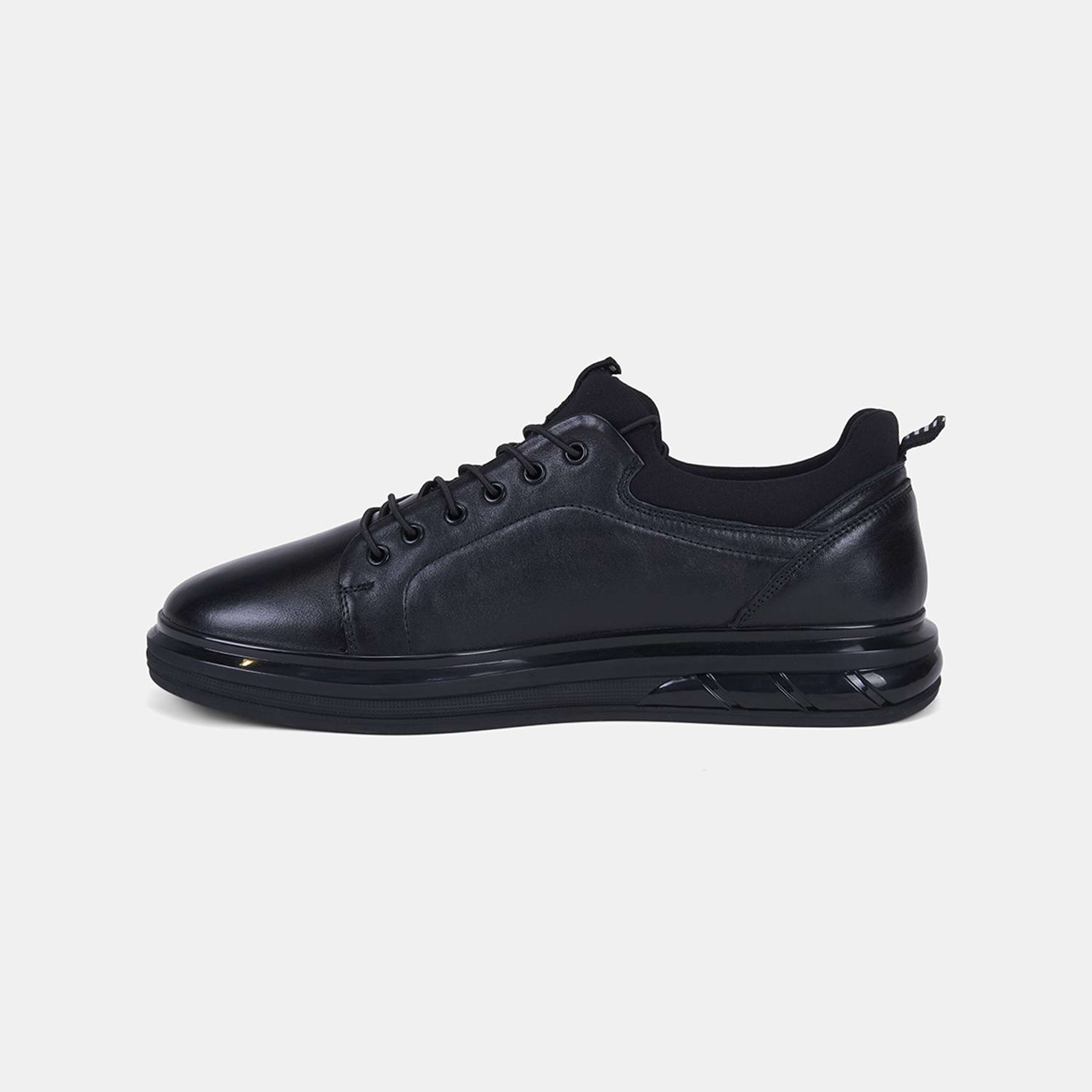 Erkek Siyah Lastik Bağcıklı Deri Sneaker