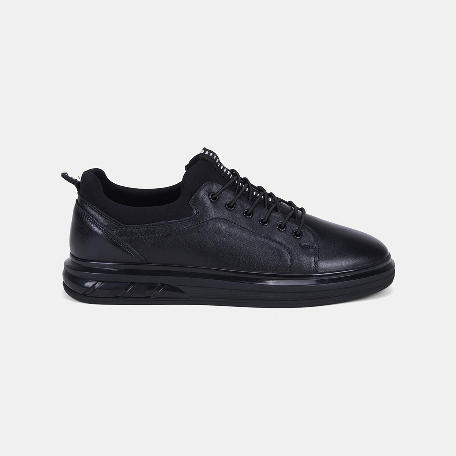 Erkek Siyah Lastik Bağcıklı Deri Sneaker