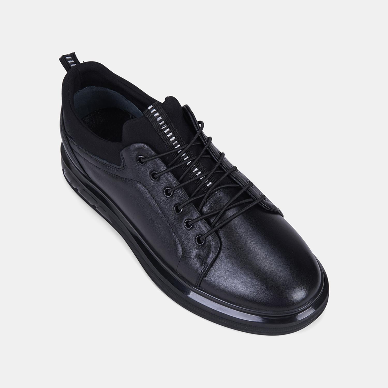 Erkek Siyah Lastik Bağcıklı Deri Sneaker