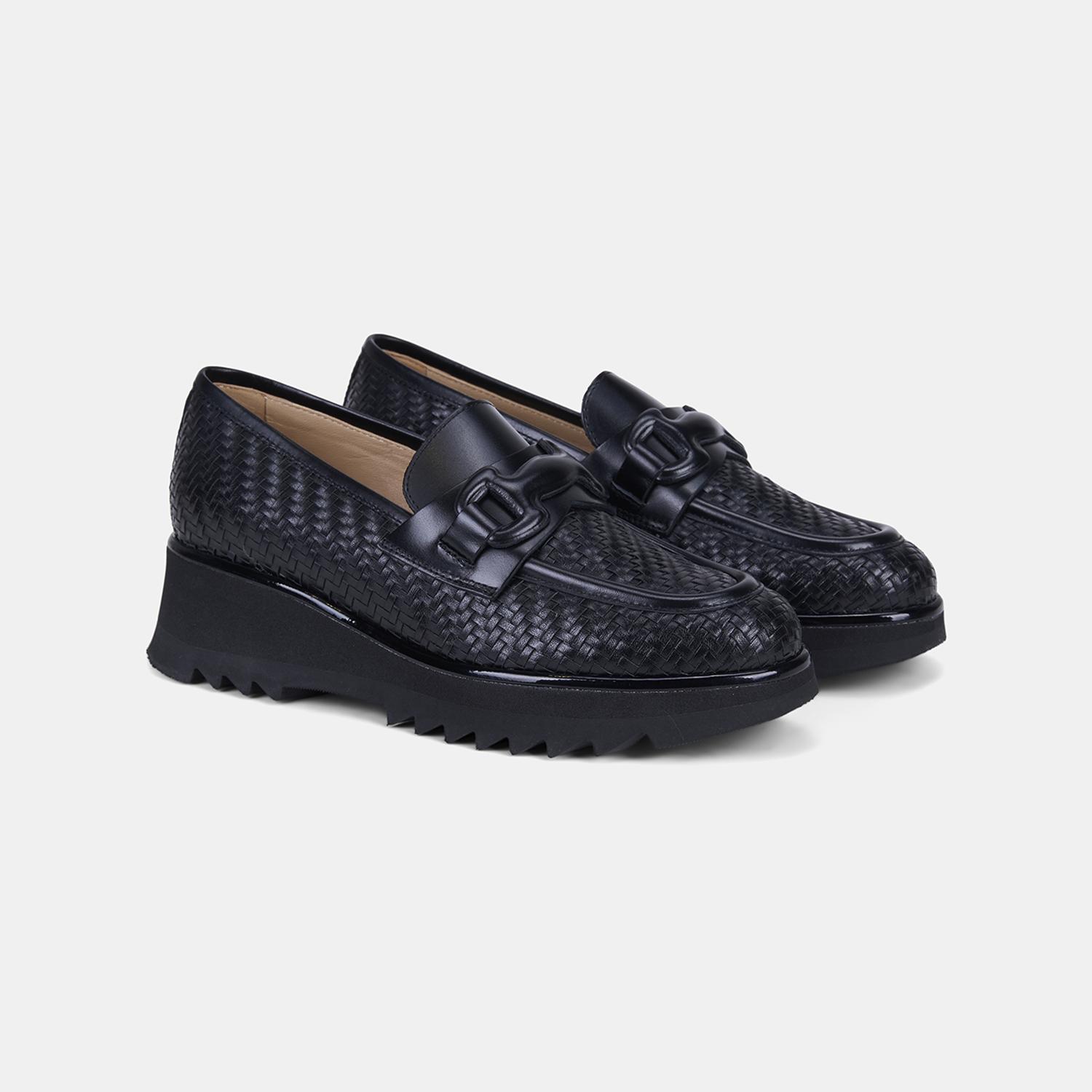 Luca Grossi Kadın Siyah Örgü Desenli Dolgu Topuklu Loafer