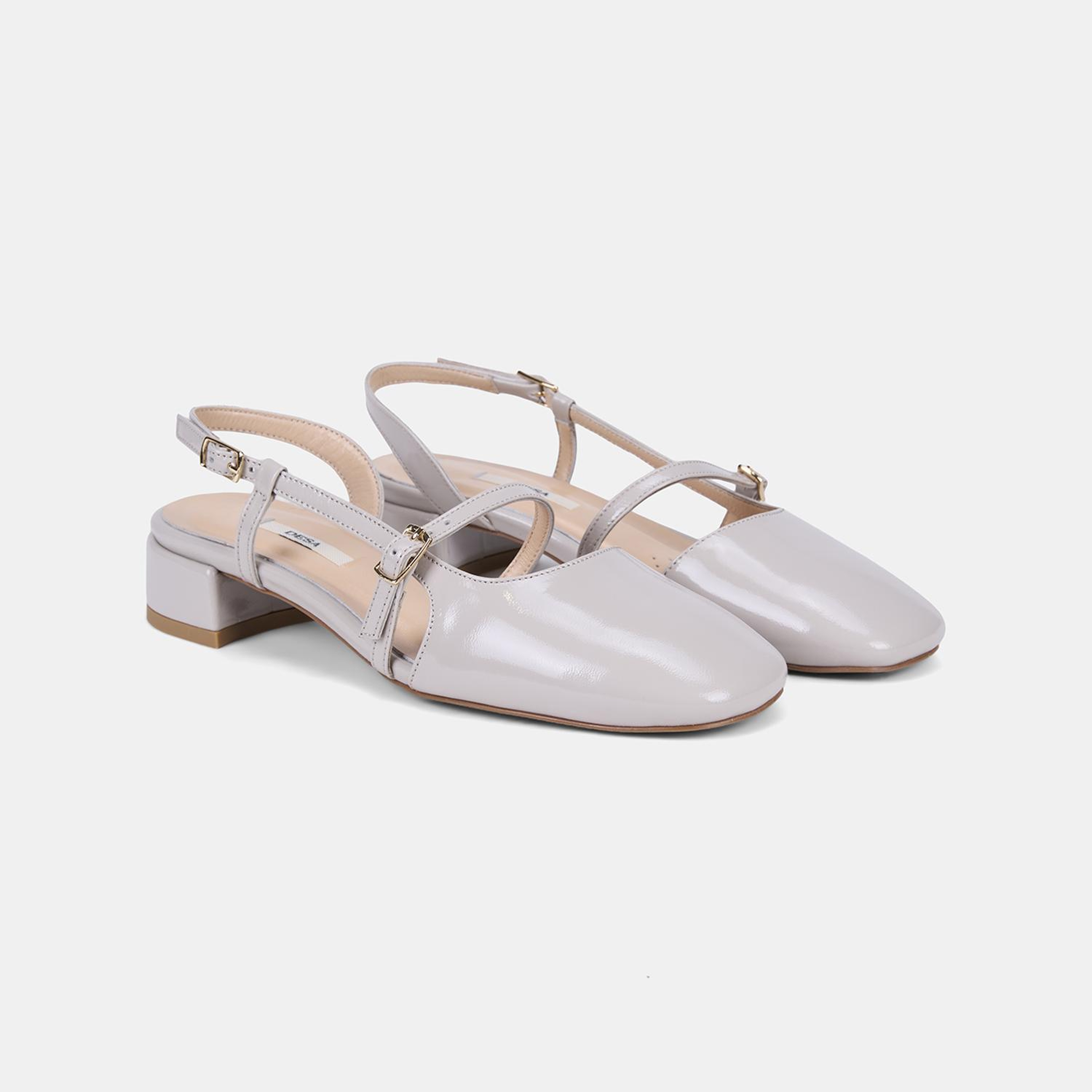 Kadın Bej İnce Bantlı Slingback Kısa Topuklu Rugan Deri Ayakkabı