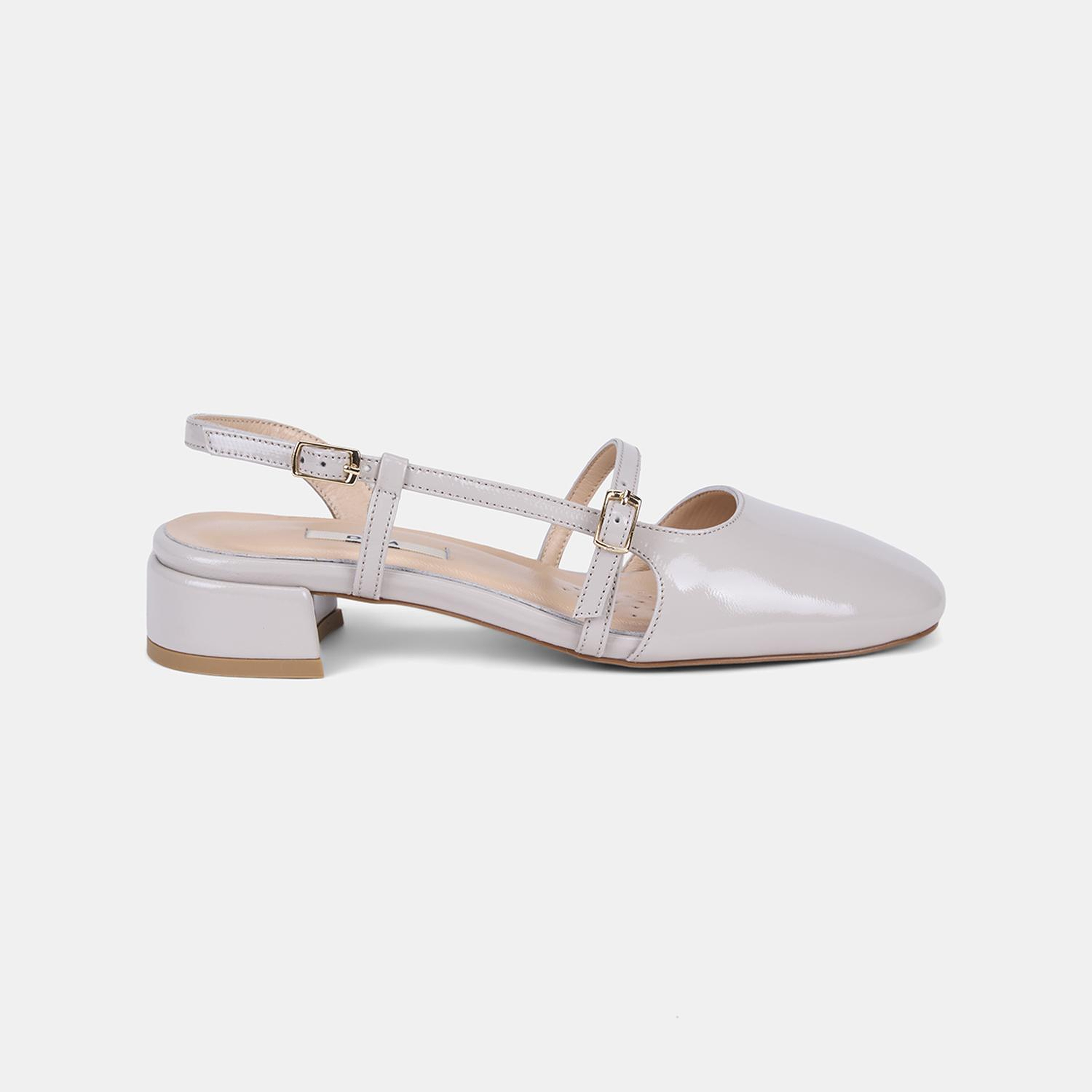 Kadın Bej İnce Bantlı Slingback Kısa Topuklu Rugan Deri Ayakkabı