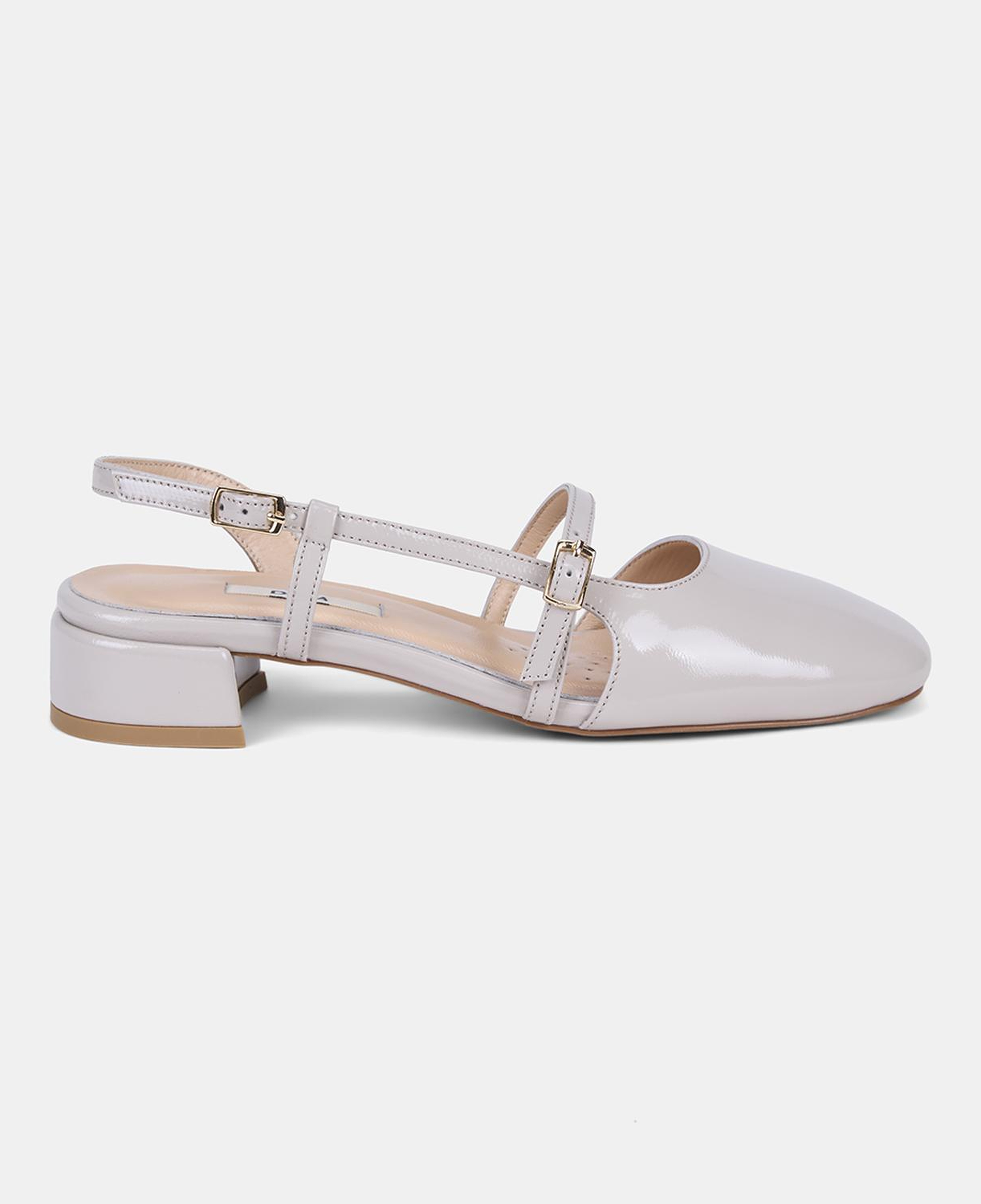 Kadın Bej İnce Bantlı Slingback Kısa Topuklu Rugan Deri Ayakkabı