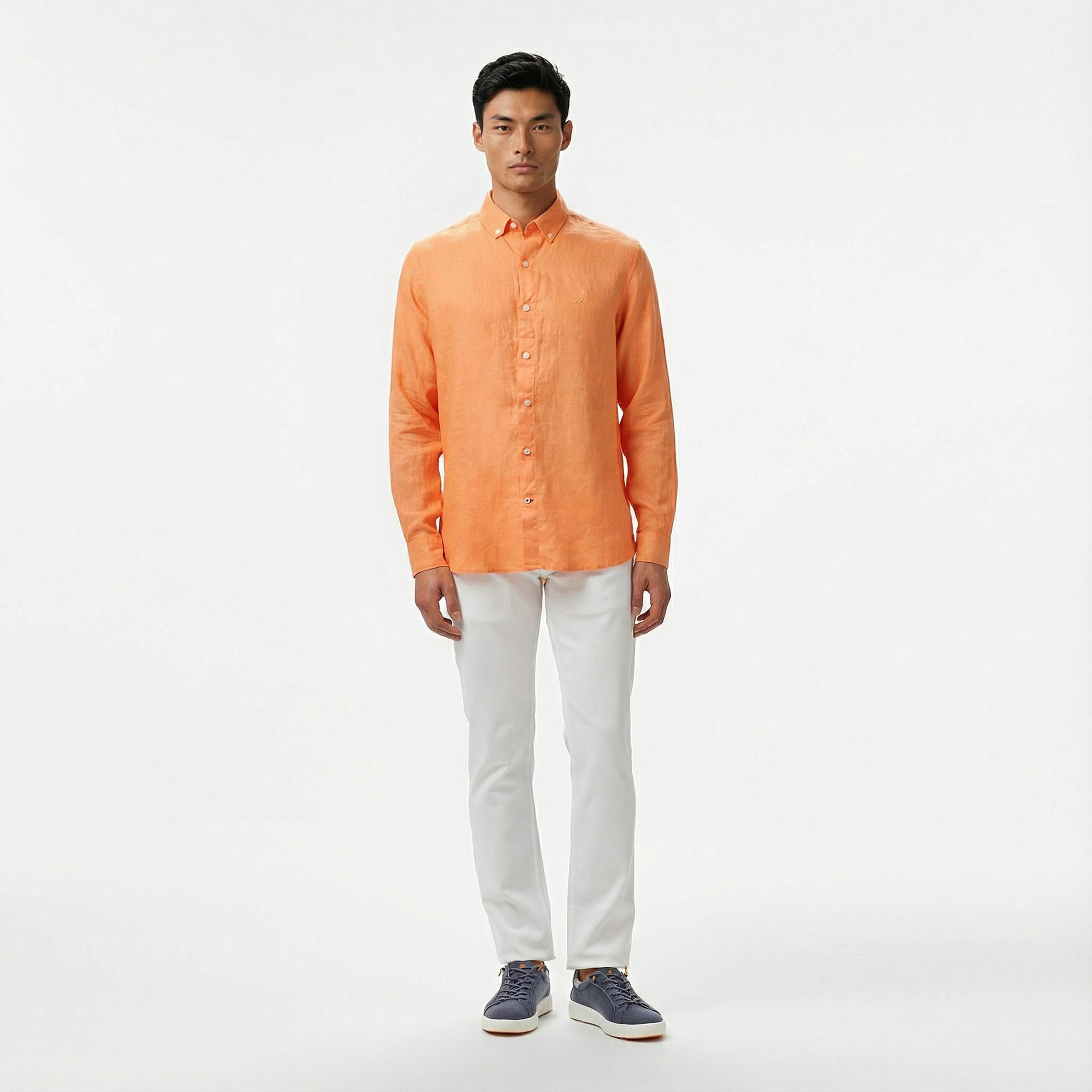 Nautica Erkek Turuncu Classic Fit Keten Gömlek