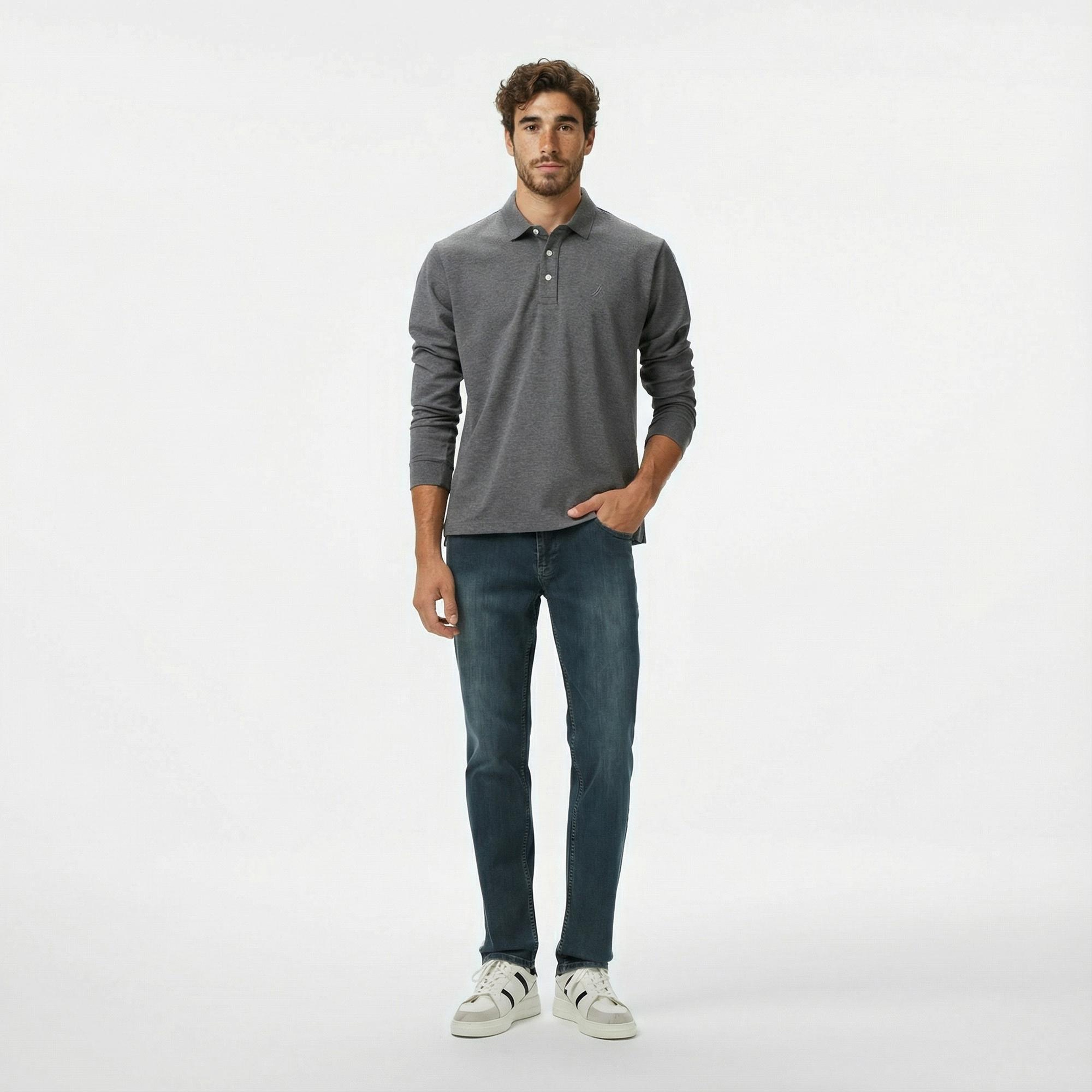 Nautica Erkek Gri Classic Fit Uzun Kollu Polo Yaka T-Shirt