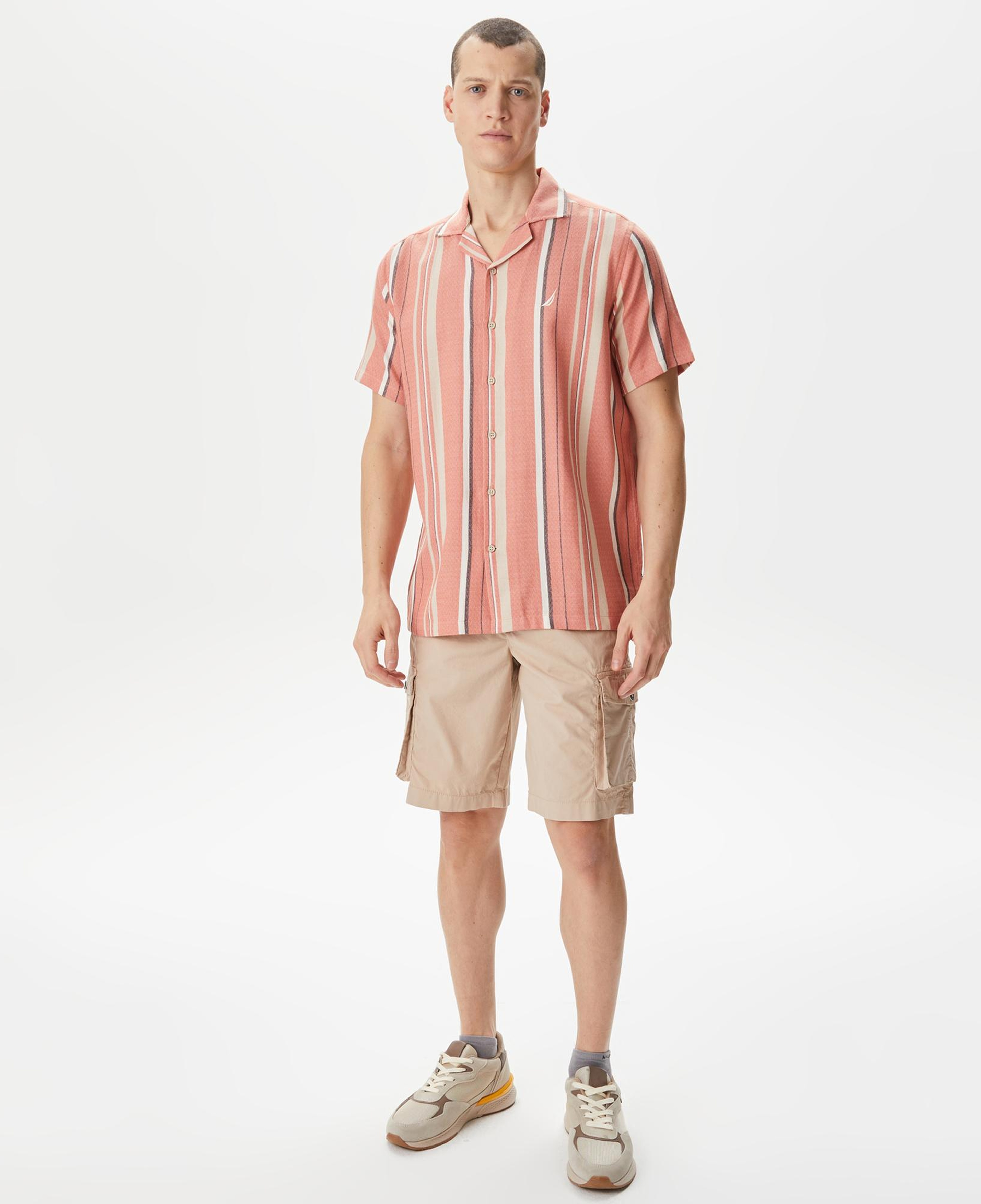 Nautica Erkek Turuncu Classic Fit Kısa Kollu Çizgili Gömlek