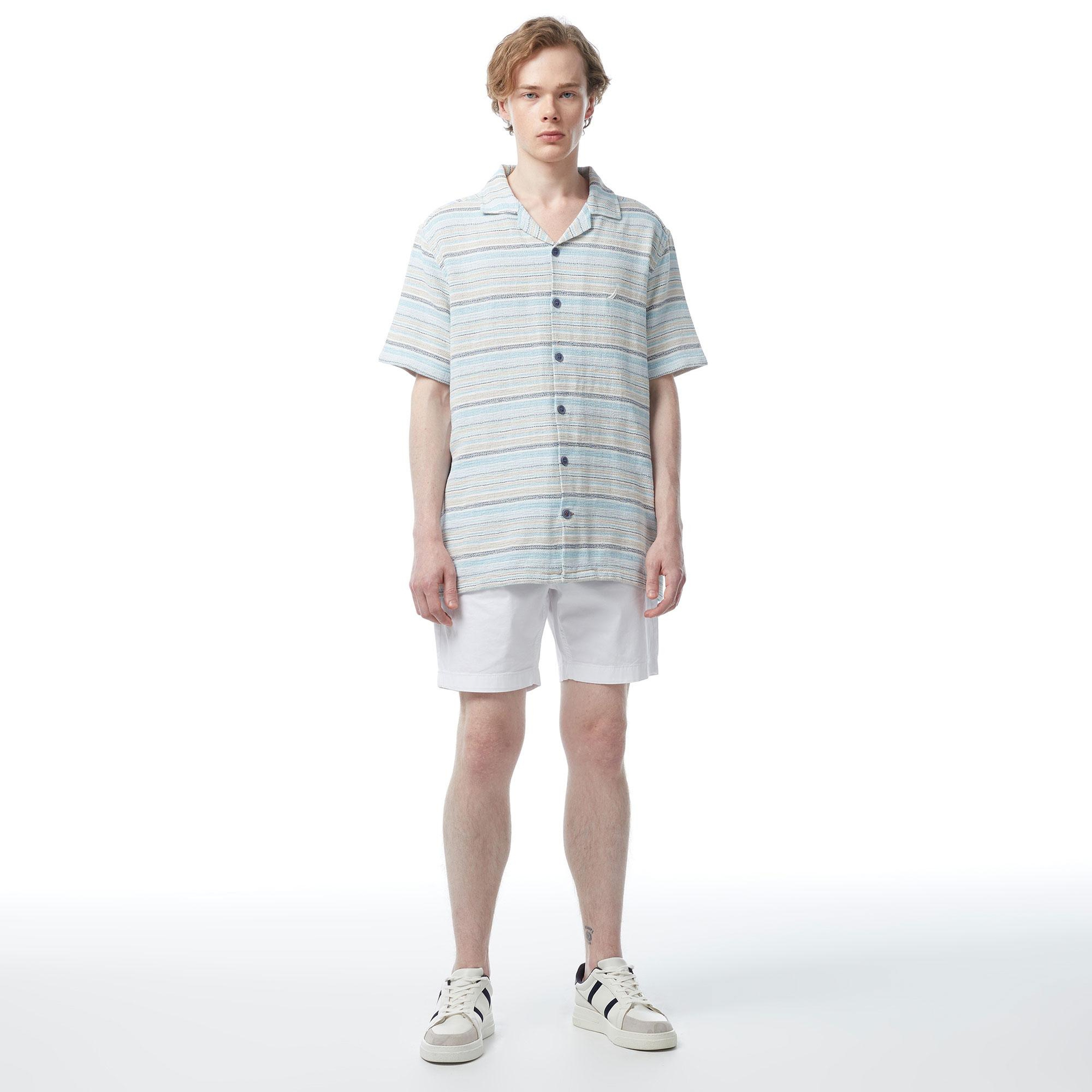 Nautica Erkek Mavi Classic Fit Kısa Kollu Çizgili Gömlek