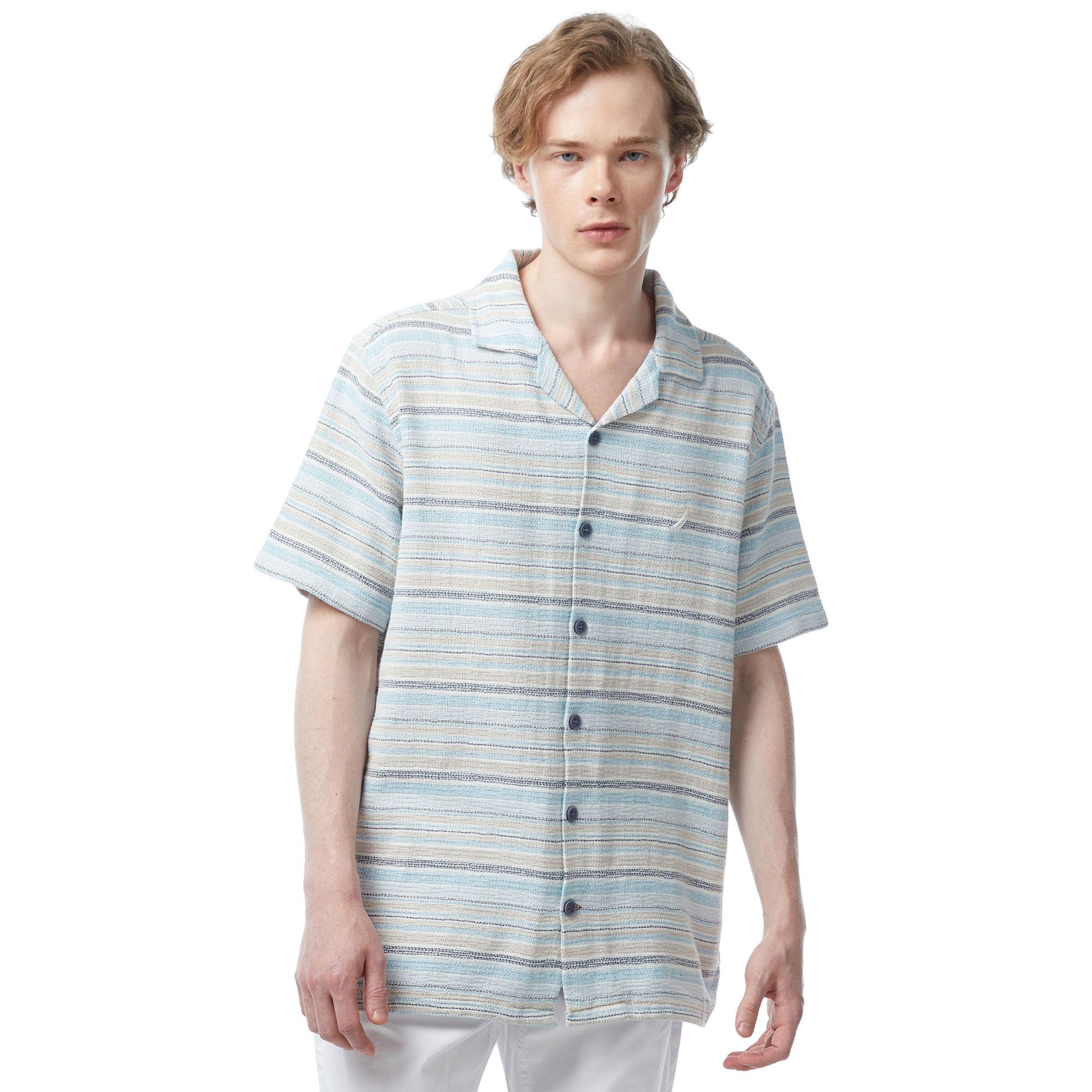 Nautica Erkek Mavi Classic Fit Kısa Kollu Çizgili Gömlek