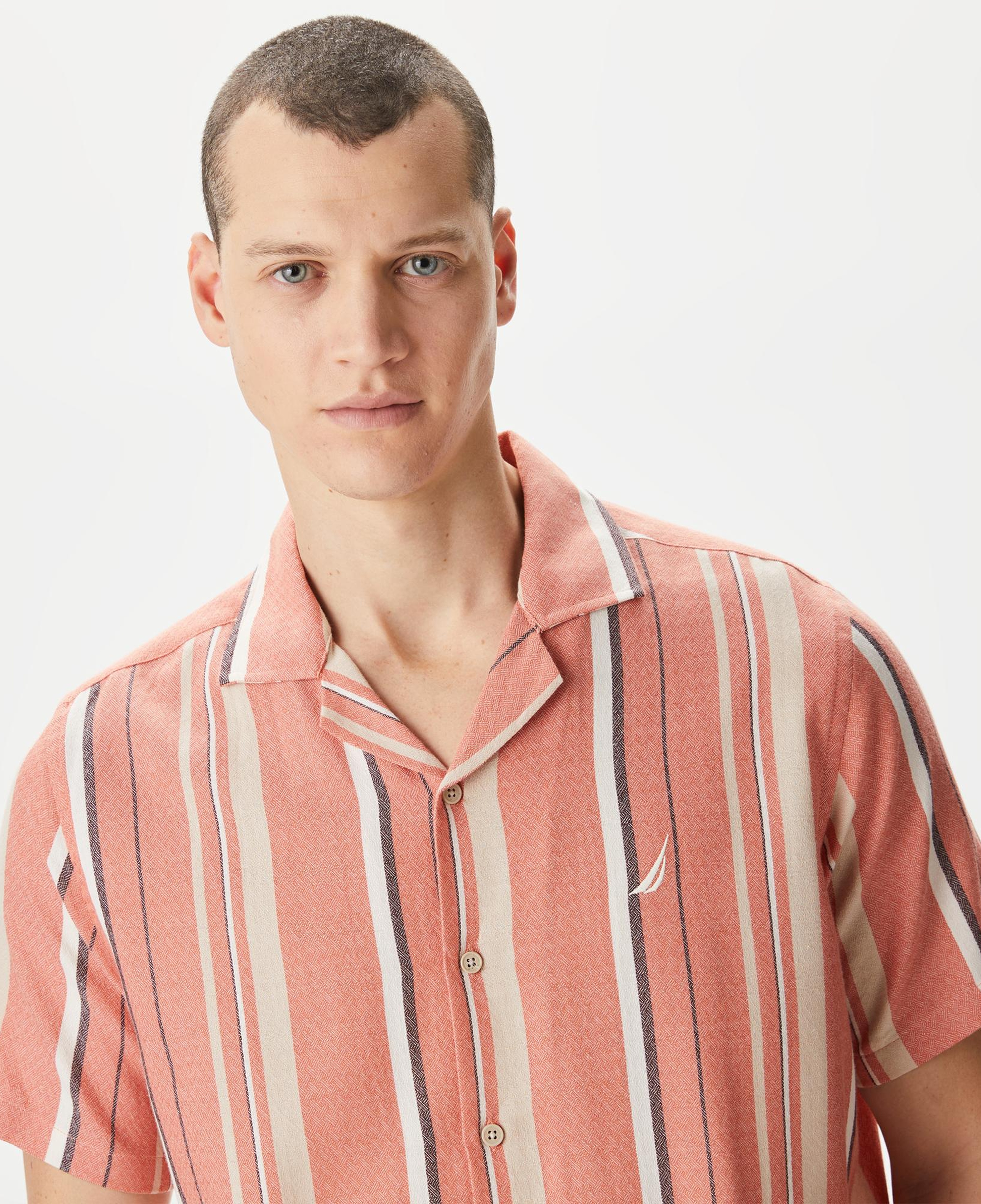 Nautica Erkek Turuncu Classic Fit Kısa Kollu Çizgili Gömlek