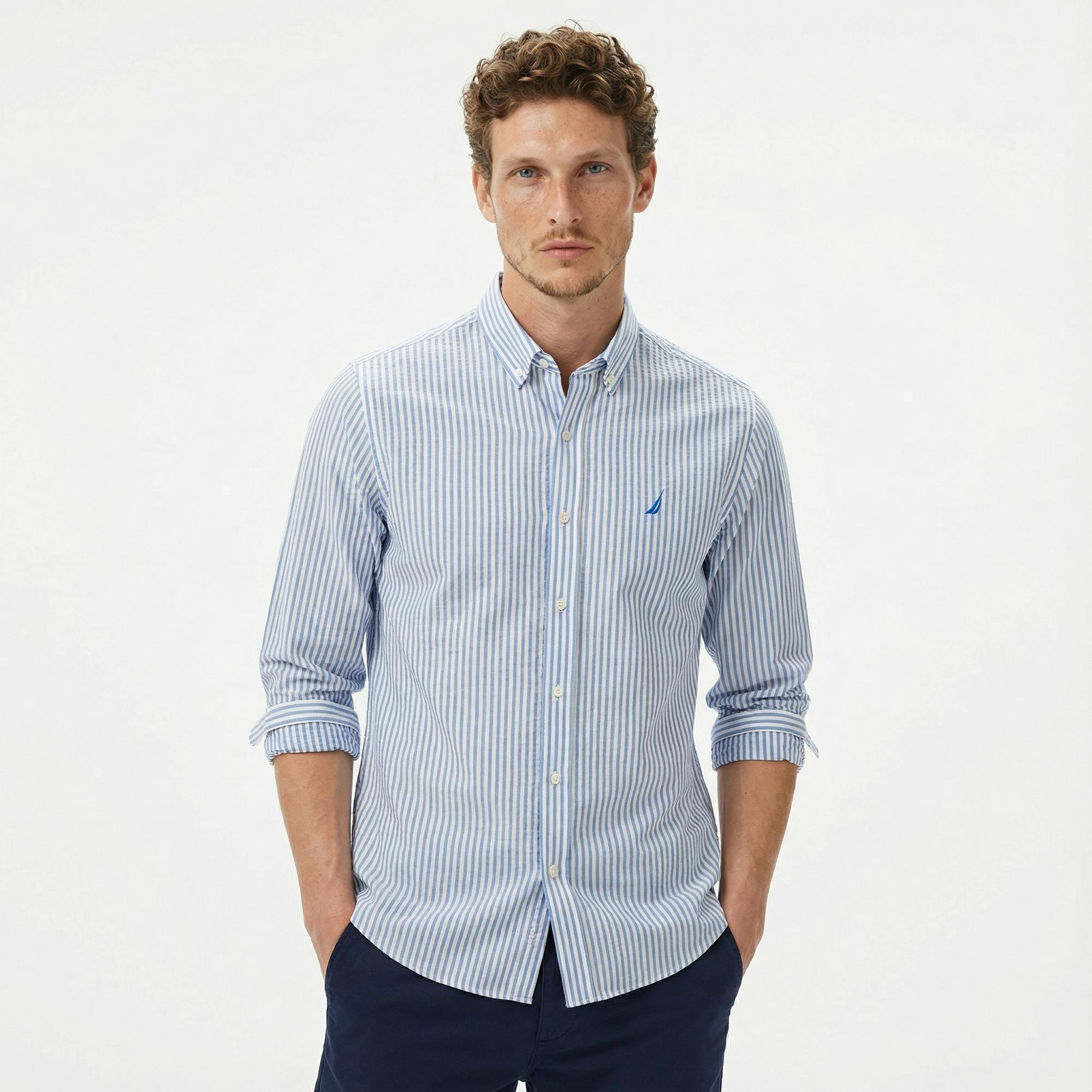 Nautica Erkek Mavi Classic Fit Çizgili Gömlek