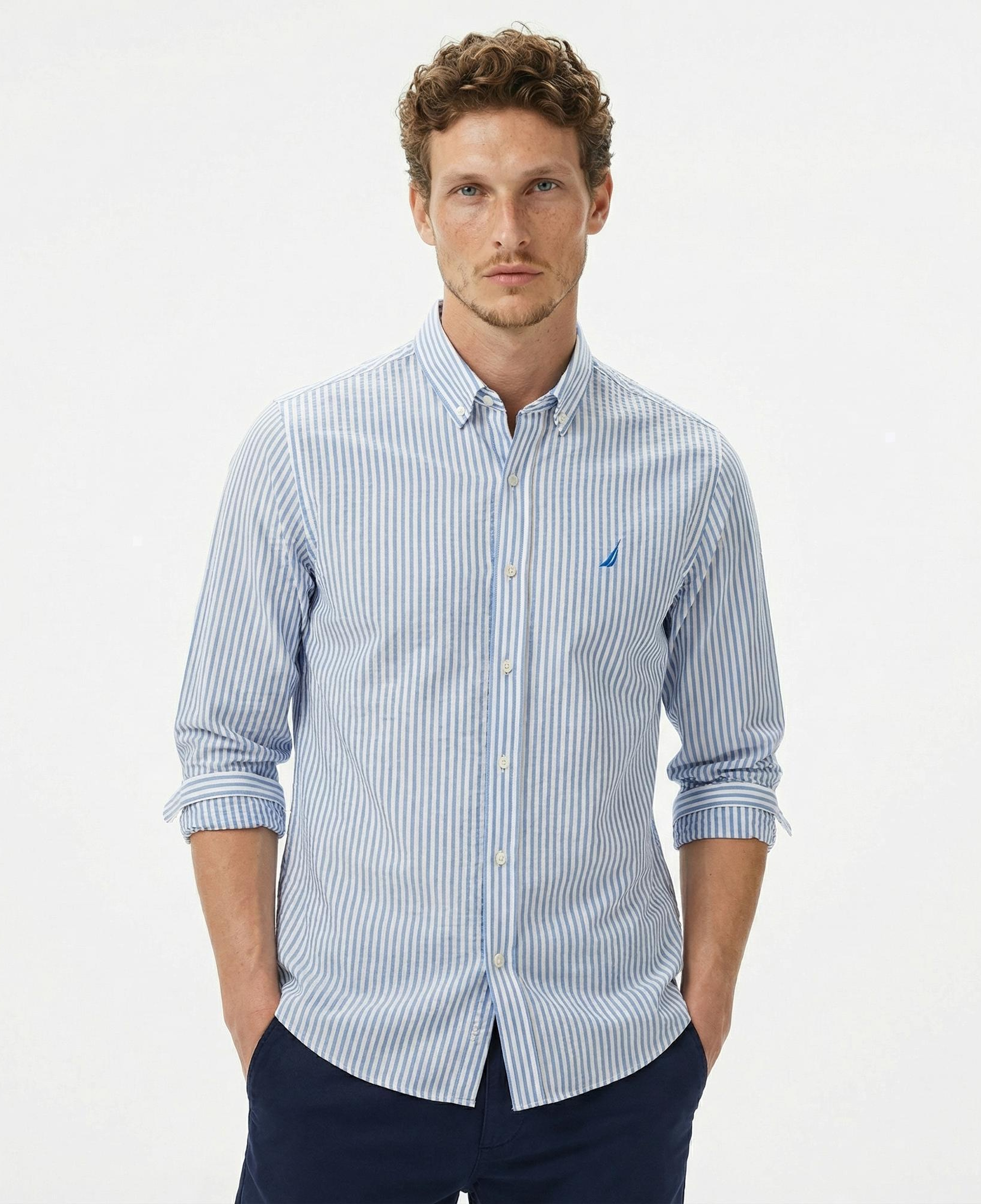 Nautica Erkek Mavi Classic Fit Çizgili Gömlek