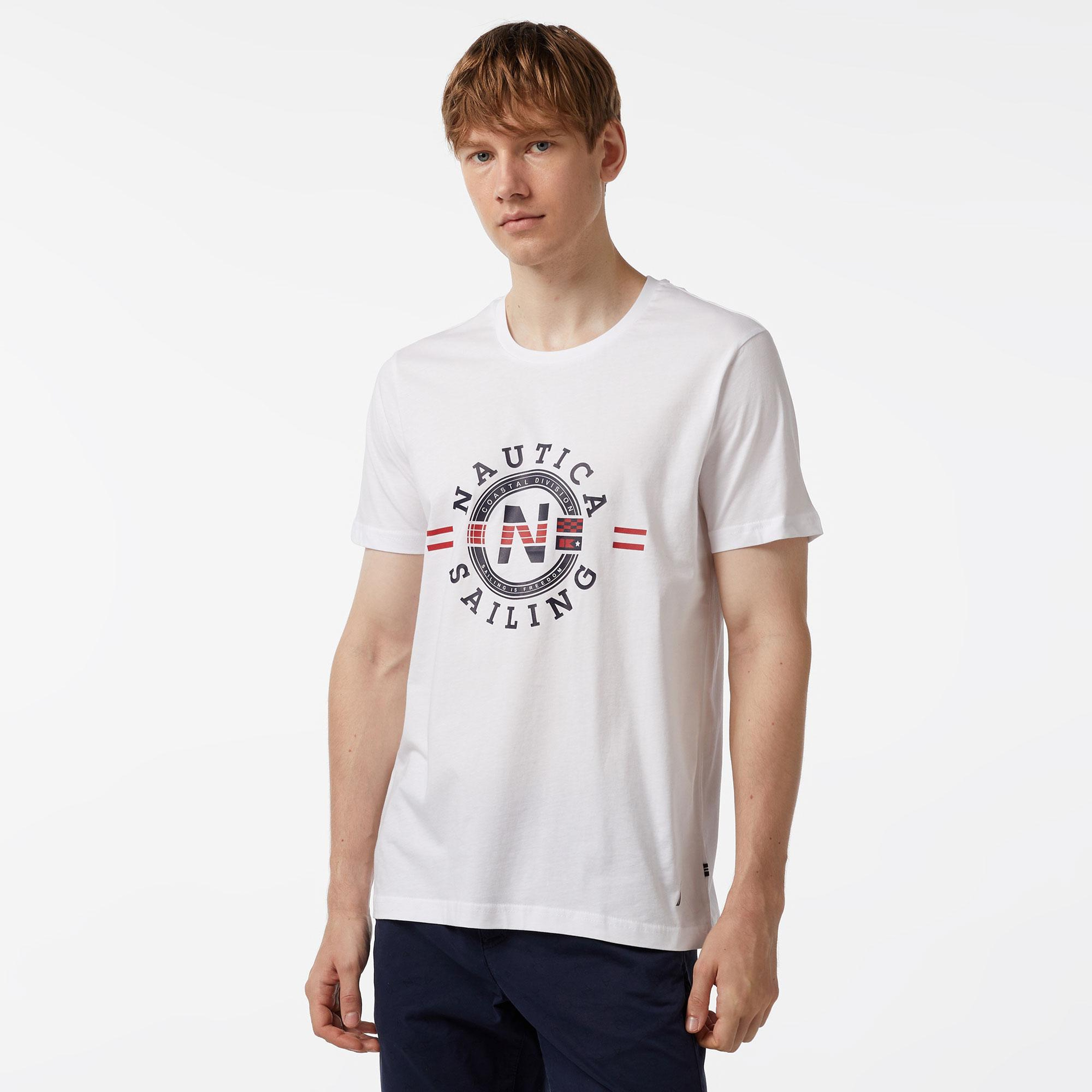 Nautica Erkek Beyaz Standart Fit Kısa Kollu Baskılı T-Shirt